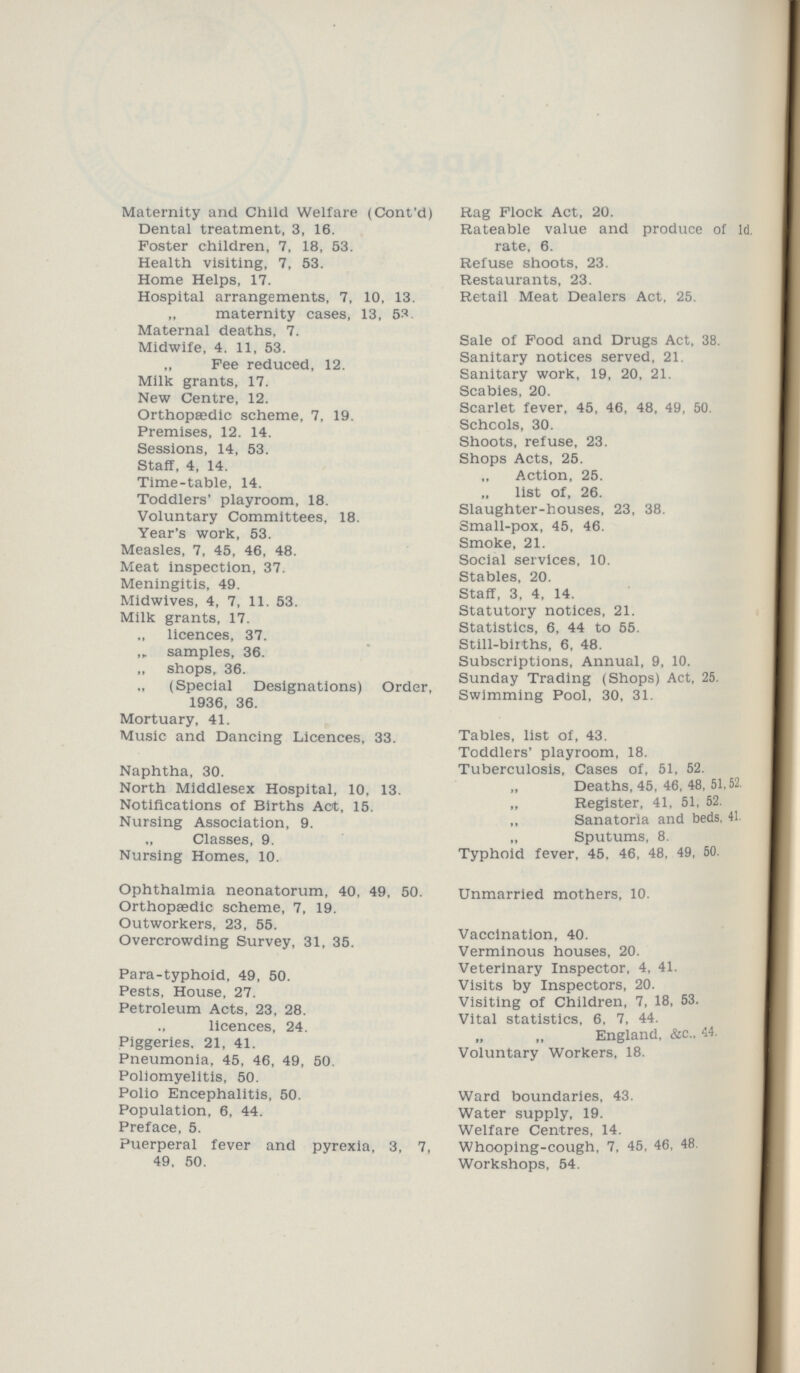 Maternity and Child Welfare (Cont'd) Dental treatment, 3, 16. Foster children, 7, 18, 53. Health visiting, 7, 53. Home Helps, 17. Hospital arrangements, 7, 10, 13. „ maternity cases, 13, 53 Maternal deaths, 7. Midwife, 4. 11, 53. Fee reduced, 12. Milk grants, 17. New Centre, 12. Orthopaedic scheme, 7, 19. Premises, 12. 14. Sessions, 14, 53. Staff, 4, 14. Time-table, 14. Toddlers' playroom, 18. Voluntary Committees, 18. Year's work, 53. Measles, 7, 45, 46, 48. Meat inspection, 37. Meningitis, 49. Midwives, 4, 7, 11. 53. Milk grants, 17. licences, 37. ,, samples, 36. „ shops, 36. ,, (Special Designations) Order, 1936, 36. Mortuary, 41. Music and Dancing Licences, 33. Naphtha, 30. North Middlesex Hospital, 10, 13. Notifications of Births Act, 15. Nursing Association, 9. „ Classes, 9. Nursing Homes, 10. Ophthalmia neonatorum, 40, 49, 50. Orthopaedic scheme, 7, 19. Outworkers, 23, 55. Overcrowding Survey, 31, 35. Para-typhoid, 49, 50. Pests. House, 27. Petroleum Acts, 23, 28. licences, 24. Piggeries. 21, 41. Pneumonia, 45, 46, 49, 50. Poliomyelitis. 50. Polio Encephalitis, 50. Population, 6, 44. Preface, 5. Puerperal fever and pyrexia, 3, 7, 49, 50. Rag Flock Act, 20. Rateable value and produce of Id. rate, 6. Refuse shoots, 23. Restaurants, 23. Retail Meat Dealers Act. 25. Sale of Food and Drugs Act, 38. Sanitary notices served, 21. Sanitary work, 19, 20, 21. Scabies, 20. Scarlet fever, 45 , 46 , 48 , 49 , 50. Schools, 30. Shoots, refuse, 23. Shops Acts, 25. Action, 25. „ list of, 26. Slaughter-houses, 23, 38. Small-pox, 45, 46. Smoke, 21. Social services, 10. Stables, 20. Staff, 3, 4, 14. Statutory notices, 21. Statistics, 6, 44 to 55. Still-births, 6, 48. Subscriptions, Annual, 9, 10. Sunday Trading (Shops) Act, 25. Swimming Pool, 30, 31. Tables, list of, 43. Toddlers' playroom, 18. Tuberculosis, Cases of, 51, 52. Deaths, 45, 46, 48, 51,52. „ Register, 41, 51, 52. Sanatoria and beds, 41. „ Sputums, 8. Typhoid fever, 45. 46. 48. 49, 50. Unmarried mothers, 10. Vaccination, 40. Verminous houses, 20. Veterinary Inspector, 4, 41. Visits by Inspectors, 20. Visiting of Children, 7, 18, 53. Vital statistics, 6, 7, 44. „ „ England, &c., 44. Voluntary Workers, 18. Ward boundaries, 43. Water supply, 19. Welfare Centres, 14. Whooping-cough, 7. 45. 46, 48 Workshops, 54.