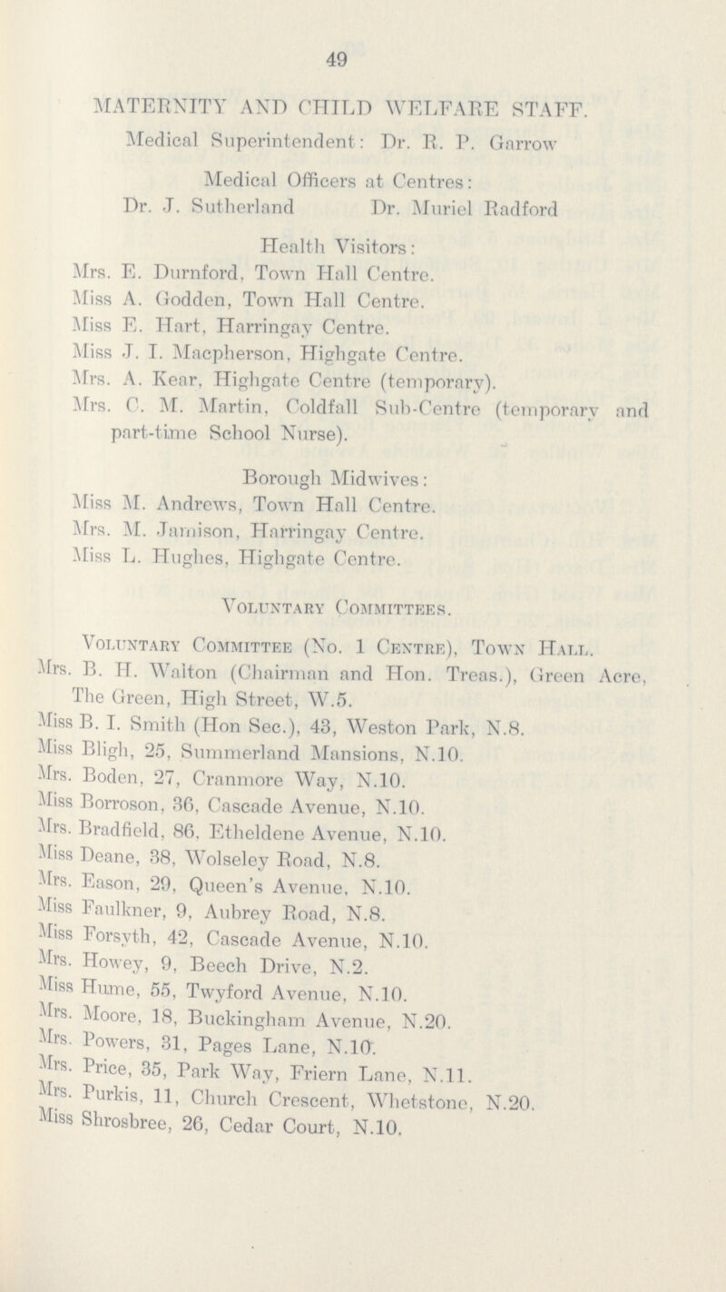 49 MATERNITY AND CHILD WELFARE STAFF. Medical Superintendent: Dr. R. P. Garrow Medical Officers at Centres: Dr. J. Sutherland Dr. Muriel Radford Health Visitors: Mrs. E. Durnford. Town Hall Centre. Miss A. Godden, Town Hall Centre. Miss E. Hart, Harringay Centre. Miss J. I. Macpherson, Highgate Centre. Mrs. A. Kear, Highgate Centre (temporary). Mrs. C. M. Martin, Coldfall Sub-Centre (temporary and part-time School Nurse). Borough Midwives: Miss M. Andrews, Town Hall Centre. Mrs. M. Jamison, Harringay Centre. Miss L. Hughes, Highgate Centre. Voluntary Committees. Voluntary Committee (No. 1 Centre), Town Hall. Mrs. B. H. Walton (Chairman and Hon. Treas.), Green Acre, The Green, High Street, W.5. Miss B. I. Smith (Hon Sec.), 43, Weston Park, N.8. Miss Bligh, 25, Summerland Mansions, N.10. Mrs. Boden, 27, Cranmore Way, N.10. Miss Borroson, 36, Cascade Avenue, N.10. Mrs. Bradficld, 86, Etheldene Avenue, N.10. Miss Deane, 38, Wolseley Road, N.8. Mrs. Eason, 29, Queen's Avenue, N.10. Miss Faulkner, 9, Aubrey Road, N.8. Miss Forsyth, 42, Cascade Avenue, N.10. Mrs. Howey, 9, Beech Drive, N.2. Miss Hume, 55, Twyford Avenue, N.10. Mrs. Moore, 18, Buckingham Avenue, N.20. Mrs. Powers, 31, Pages Lane, N.10. Mrs. Price, 35, Park Way, Friern Lane, N.ll. Mrs. Purkis, 11, Church Crescent, Whetstone, N.20. Miss Shrosbree, 26, Cedar Court, N.10.