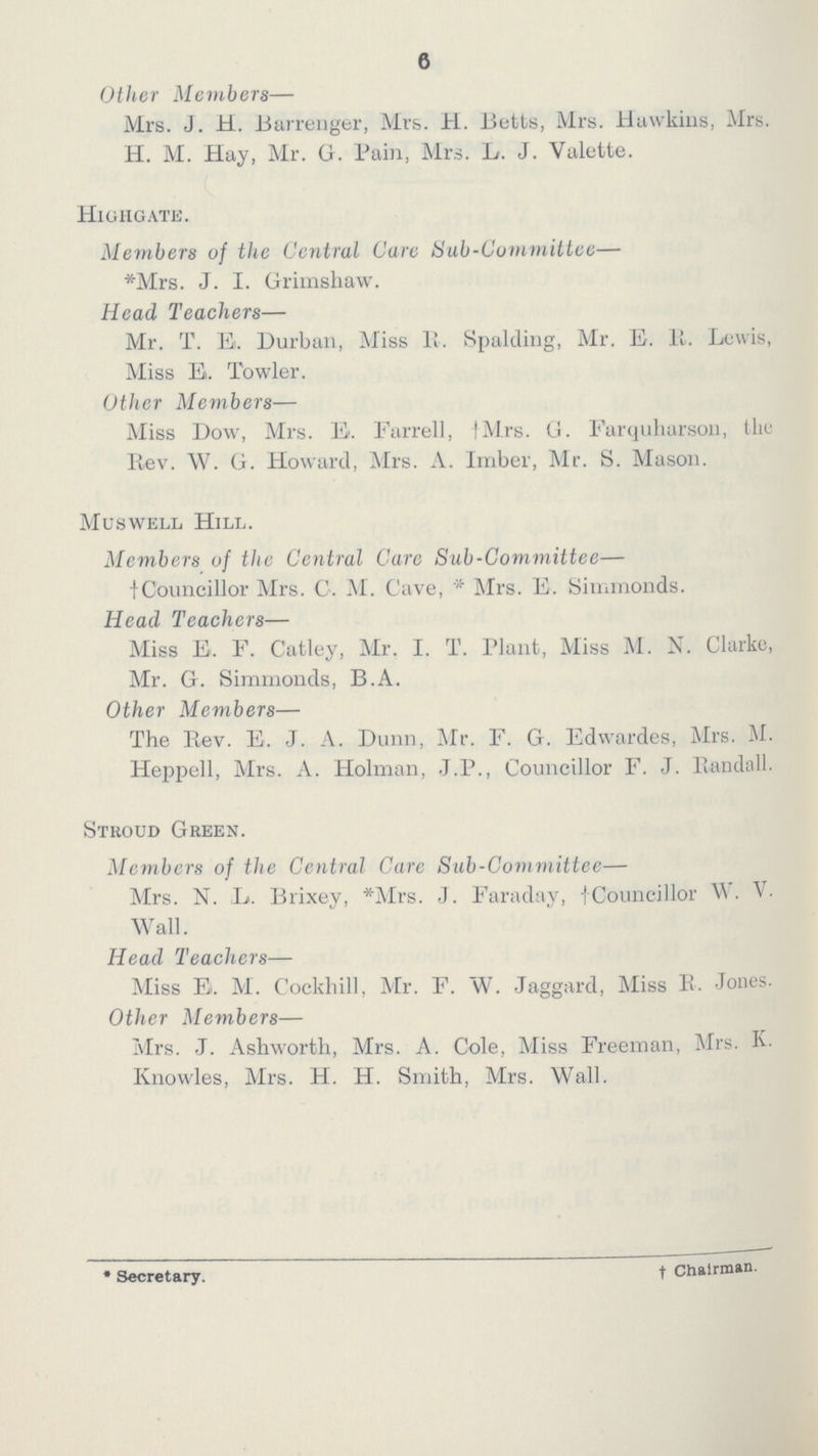 6 Other Members— Mrs. J. H. Barrenger, Mrs. H. Betts, Mrs. Hawkins, Mrs. H. M. Hay, Mr. G. Pain, Mrs. L. J. Valette. Highgate. Members of the Central Care Sub-Committee— *Mrs. J. I. Grimshaw. Head Teachers— Mr. T. Ei. Durban, Miss 11. Spalding, Mr. E. 11. Lewis, Miss E. Towler. Other Members— Miss Dow, Mrs. E. Farrell, fMrs. G. Farquharson, the Rev. W. G. Howard, Mrs. A. Imber, Mr. S. Mason. Muswell Hill. Members uf the Central Care Sub-Committee— fCouncillor Mrs. C. M. Cave, * Mrs. E. Simmonds. Head Teachers— Miss E. F. Catley, Mr. I. T. Plant, Miss M. N. Clarke, Mr. G. Simmonds, B.A. Other Members— The Rev. E. J. A. Dunn, Mr. F. G. Edwardes, Mrs. M. Heppell, Mrs. A. Holman, J.P., Councillor F. J. Randall. Stkoud Green. Members of the Central Care Sub-Covimittee— Mrs. N. L. Brixey, *Mrs. J. Faraday, fCouncillor W. V. Wall. Head Teachers— Miss Ei. M. Cockhill, Mr. F. W. Jaggard, Miss P. Jones. Other Members— Mrs. J. Ashworth, Mrs. A. Cole, Miss Freeman, Mrs. K. Knowles, Mrs. H. H. Smith, Mrs. Wall. * Secretary. t Chairman-