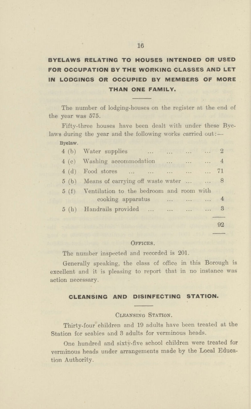 16 BYELAWS RELATING TO HOUSES INTENDED OR USED FOR OCCUPATION BY THE WORKING CLASSES AND LET IN LODGINGS OR OCCUPIED BY MEMBERS OF MORE THAN ONE FAMILY. The number of lodging-houses on the register at the end of the year was 575. Fifty-three houses have been dealt with under these Bye laws during the year and the following works carried out:— Byelaw. 4 (b) Water supplies 2 4 (c) Washing accommodation 4 4 (d) Food stores 71 5 (b) Means of carrying off waste water 8 5 (f) Ventilation to the bedroom and room with cooking apparatus 4 5 (h) Handrails provided 3 92 Offices. The number inspected and recorded is 201. Generally speaking, the class of office in this Borough is excellent and it is pleasing to report that in no instance was action necessary. CLEANSING AND DISINFECTING STATION. Cleansing Station. Thirty-four children and 19 adults have been treated at the Station for scabies and 3 adults for verminous heads. One hundred and sixty-five school children were treated for verminous heads under arrangements made by the Local Educa tion Authority.