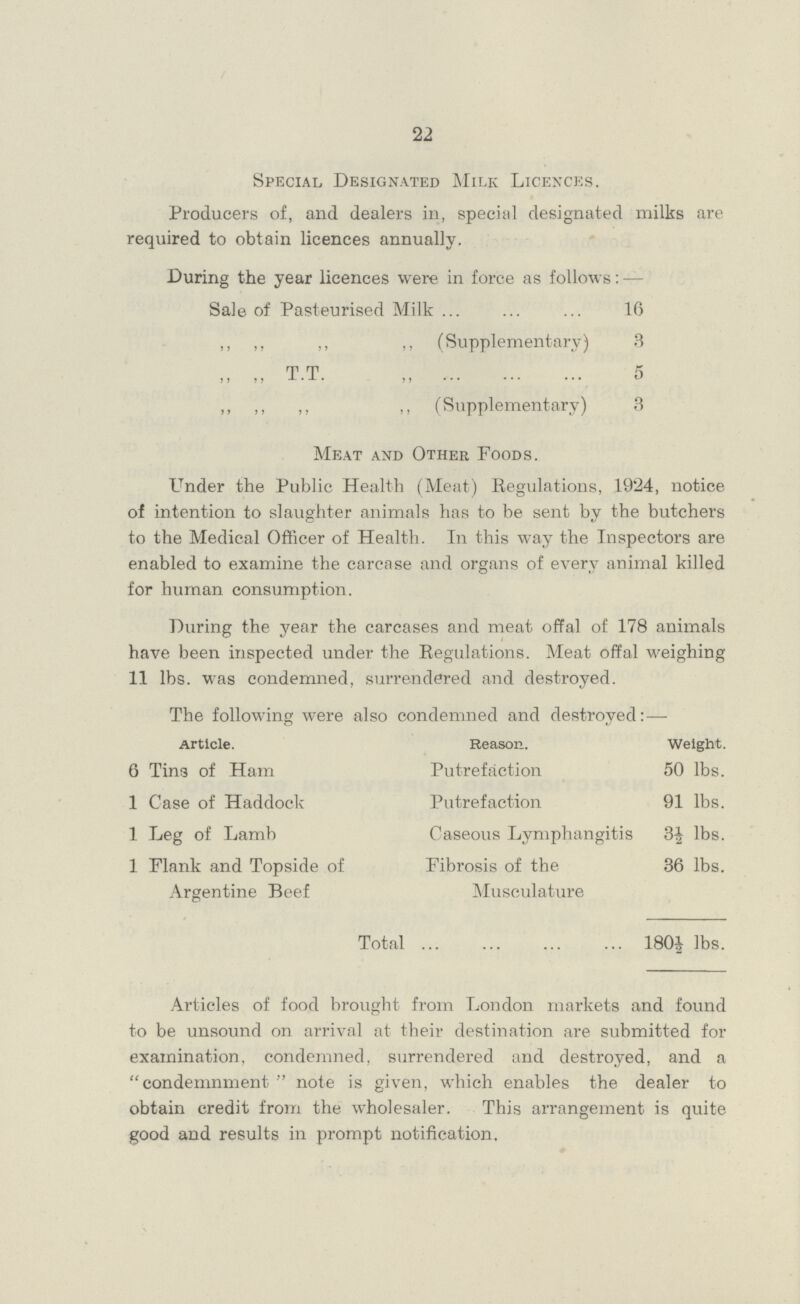 22 Special Designated Milk Licences. Producers of, and dealers in, special designated milks are required to obtain licences annually. During the year licences were in force as follows: — Sale of Pasteurised Milk 16 ” ” (Supplementary) 3 ” T.T. ,, 5 ,, ,, ,, (Supplementary) 3 Meat and Other Foods. Under the Public Health (Meat) Regulations, 1924, notice of intention to slaughter animals has to be sent by the butchers to the Medical Officer of Health. In this way the Inspectors are enabled to examine the carcase and organs of every animal killed for human consumption. During the year the carcases and meat offal of 178 animals have been inspected under the Regulations. Meat offal weighing 11 lbs. was condemned, surrendered and destroyed. The following were also condemned and destroyed:— Article. Reason. Weight. 6 Tins of Ham Putrefaction 50 lbs. 1 Case of Haddock Putrefaction 91 lbs. 1 Leg of Lamb Caseous Lymphangitis 3½ lbs. 1 Flank and Topside of Fibrosis of the 36 lbs. Argentine Beef Musculature Total 180½ lbs. Articles of food brought from London markets and found to be unsound on arrival at their destination are submitted for examination, condemned, surrendered and destroyed, and a condemnment note is given, which enables the dealer to obtain credit from the wholesaler. This arrangement is quite good and results in prompt notification.