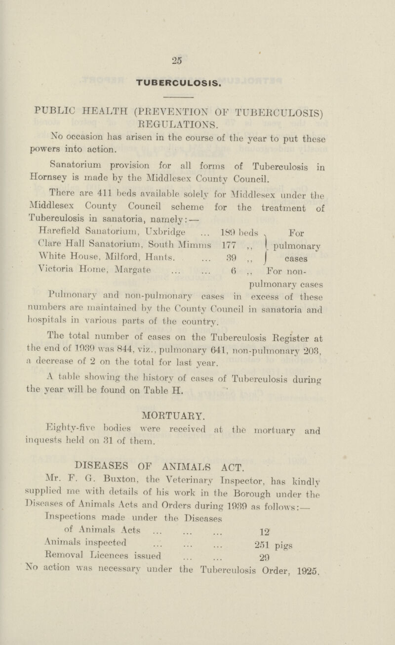 25 TUBERCULOSIS. PUBLIC HEALTH (PREVENTION OF TUBERCULOSIS) REGULATIONS. No occasion has arisen in the course of the year to put these powers into action. Sanatorium provision for all forms of Tuberculosis in Hornsey is made by the Middlesex County Council. There are 411 beds available solely for Middlesex under the Middlesex County Council scheme for the treatment of Tuberculosis in sanatoria, namely: — Harefield Sanatorium, Uxbridge 189 beds For Clare Hall Sanatorium, South Mimms 177 ,, pulmonary White House. Milford, Hants. 39 ,, cases Victoria Home, Margate 6 ,, For non- pulmonary cases Pulmonary and non-pulmonary cases in excess of these numbers are maintained by the County Council in sanatoria and hospitals in various parts of the country. The total number of cases on the Tuberculosis Register at the end of 1939 was 844, viz., pulmonary 641, non-pulmonary 203, a decrease of 2 on the total for last year. A table showing the history of eases of Tuberculosis during the year will be found on Table H. MORTUARY. Eighty-five bodies were received at the mortuary and inquests held on 31 of them. DISEASES OF ANIMALS ACT. Mr. F. G. Buxton, the Veterinary Inspector, has kindly supplied me with details of his work in the Borough under the Diseases of Animals Acts and Orders during 1939 as follows:— Inspections made under the Diseases of Animals Acts 12 Animals inspected 251 pigs Removal Licences issued 29 No action was necessary under the Tuberculosis Order, 1925.