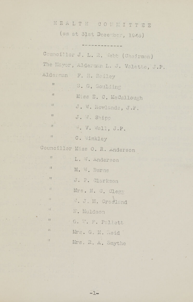 HEALTH COMMITTEE (as st 31st December, 1946) Councillor J. L. R. Webb (Chairman) The Mayor, Aldermen L. J. Valette, J.P. Alderman F. H. Bailey ,, S. G. Goulding ,, Miss E. C. McCullough ,, J. W. Rowlands, J. P. ,, J. W. Shipp ,, W. V. Wall, J.P., ,, C. Winkley Councillor Miss O. R. Anderson ,, L. W. Anderson ,, M. W. Burns ,, J. P. Clarkson ,, Mrs. N. C. Clegg ,, W.J. M. Croslsnd ,, N. Muldoon ,, G. W. F. Psllett ,, Mrs. G. M. Reid ,, Mrs. R. A. Smythe 1