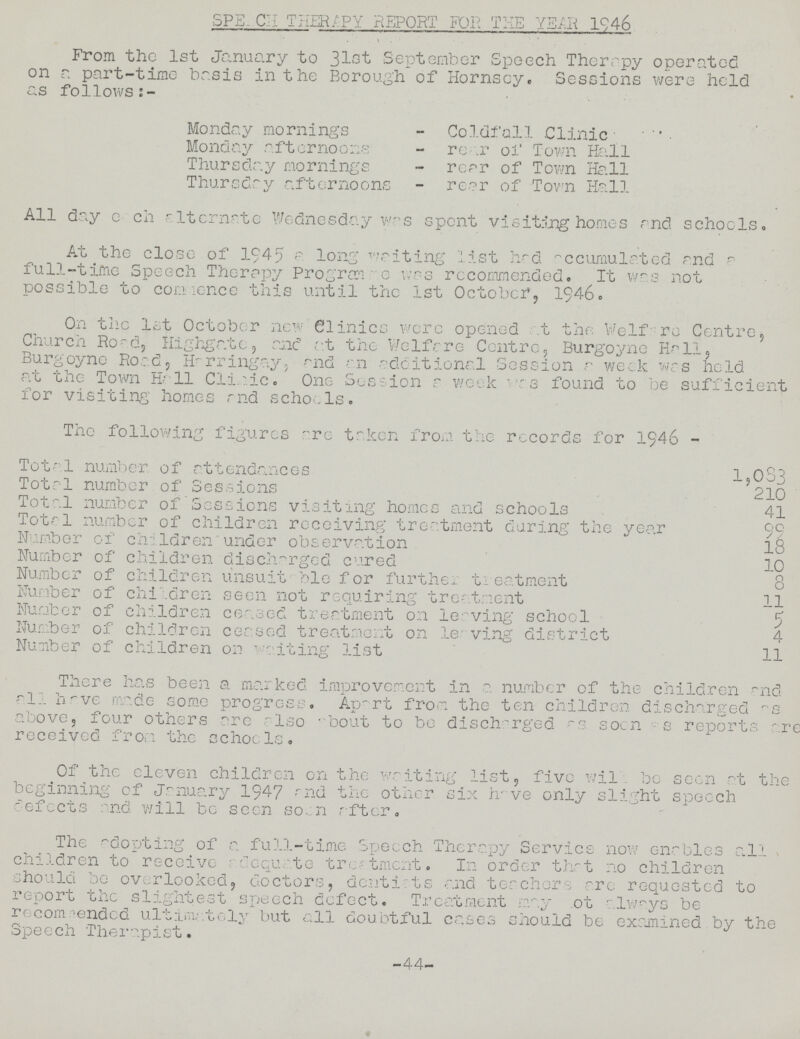 SPEACH THERAPY REPORT FOR THE YEAR 1946 From the 1st January to 31st September Speech Therapy operated on a part-time basis in the Borough of Hornsoy. Sessions were held as follows:- Monday mornings - Coldfall Clinic Monday afternoons - rear of Town Hall Thursday mornings - rear of Town Hall Thursday afternoons - rear of Town Hall All day e ch alternate Wednesday was spent visiting homes and schools. At the close of 1945 a long writing list had accumulated and a full-time Speech Therapy Progran e was recommended. It was not possible to commence this until the 1st October, 1946. On the lot October new Clinics were opened t the we lf are Centre, Church Road, Highgate, and at the Welfare Centre, Burgoyne Ha11, Burgoyno Road, Harringay, and an additional Session a week was held at the Town Ha11 Clinic. One Session a week was found to be sufficient for visiting homes and schoels. The following figures are taken from the records for 1946 - Total number of attendances 1,083 Total number of Sessions 210 Total number of Sessions visiting homes and schools 41 Total number of children receiving treatment during the year 99 Number of children under observation 18 Number of children discharged cured 10 Number of children unsuit ble for further treatment 8 Number of children seen not requiring treatment 11 Number of children ceased treatment on leaving school 5 Number of children ceased treatment on leaving district 4 Number of children on waiting list 11 There has been a marked improvement in a number of the children and alh have made some progress. Apart from the ten children discharged as above, four others are also about to be discharged as soon as reports are received, from the schools. Of the eleven children on the waiting list, five wil be seen at the beginning of January 1947 rnd the other six have only slight speech refects 'and will be seen soon after. The adopting of a. full-time Speech Therapy Service now enables all children to receive -lequ te treatment. In order that no children should bo overlooked, doctors, dentists and teachers are requested to report the slightest speech defect. Treatment may ot always be recommended ultimately but all doubtful cases should be examined by the Speech Therapist. -44-
