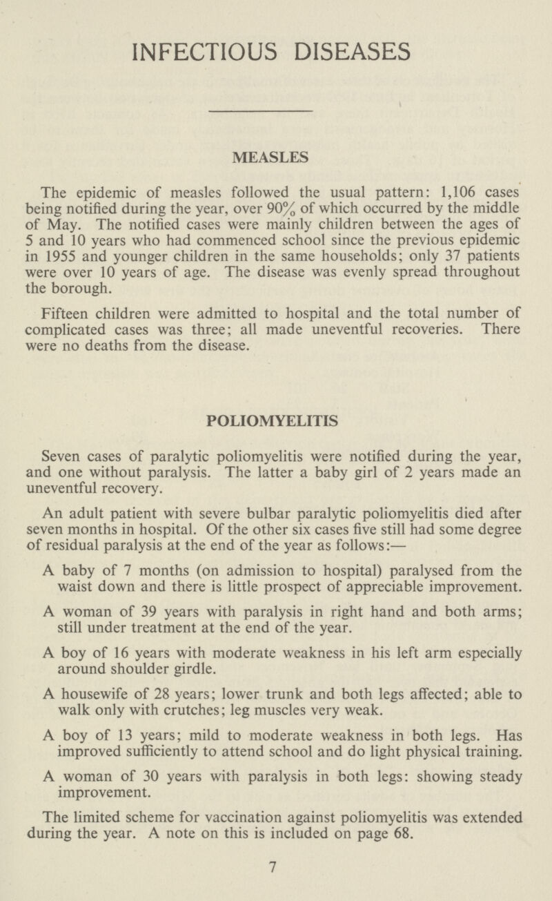 INFECTIOUS DISEASES MEASLES The epidemic of measles followed the usual pattern: 1,106 cases being notified during the year, over 90% of which occurred by the middle of May. The notified cases were mainly children between the ages of 5 and 10 years who had commenced school since the previous epidemic in 1955 and younger children in the same households; only 37 patients were over 10 years of age. The disease was evenly spread throughout the borough. Fifteen children were admitted to hospital and the total number of complicated cases was three; all made uneventful recoveries. There were no deaths from the disease. POLIOMYELITIS Seven cases of paralytic poliomyelitis were notified during the year, and one without paralysis. The latter a baby girl of 2 years made an uneventful recovery. An adult patient with severe bulbar paralytic poliomyelitis died after seven months in hospital. Of the other six cases five still had some degree of residual paralysis at the end of the year as follows:— A baby of 7 months (on admission to hospital) paralysed from the waist down and there is little prospect of appreciable improvement. A woman of 39 years with paralysis in right hand and both arms; still under treatment at the end of the year. A boy of 16 years with moderate weakness in his left arm especially around shoulder girdle. A housewife of 28 years; lower trunk and both legs affected; able to walk only with crutches; leg muscles very weak. A boy of 13 years; mild to moderate weakness in both legs. Has improved sufficiently to attend school and do light physical training. A woman of 30 years with paralysis in both legs: showing steady improvement. The limited scheme for vaccination against poliomyelitis was extended during the year. A note on this is included on page 68. 7