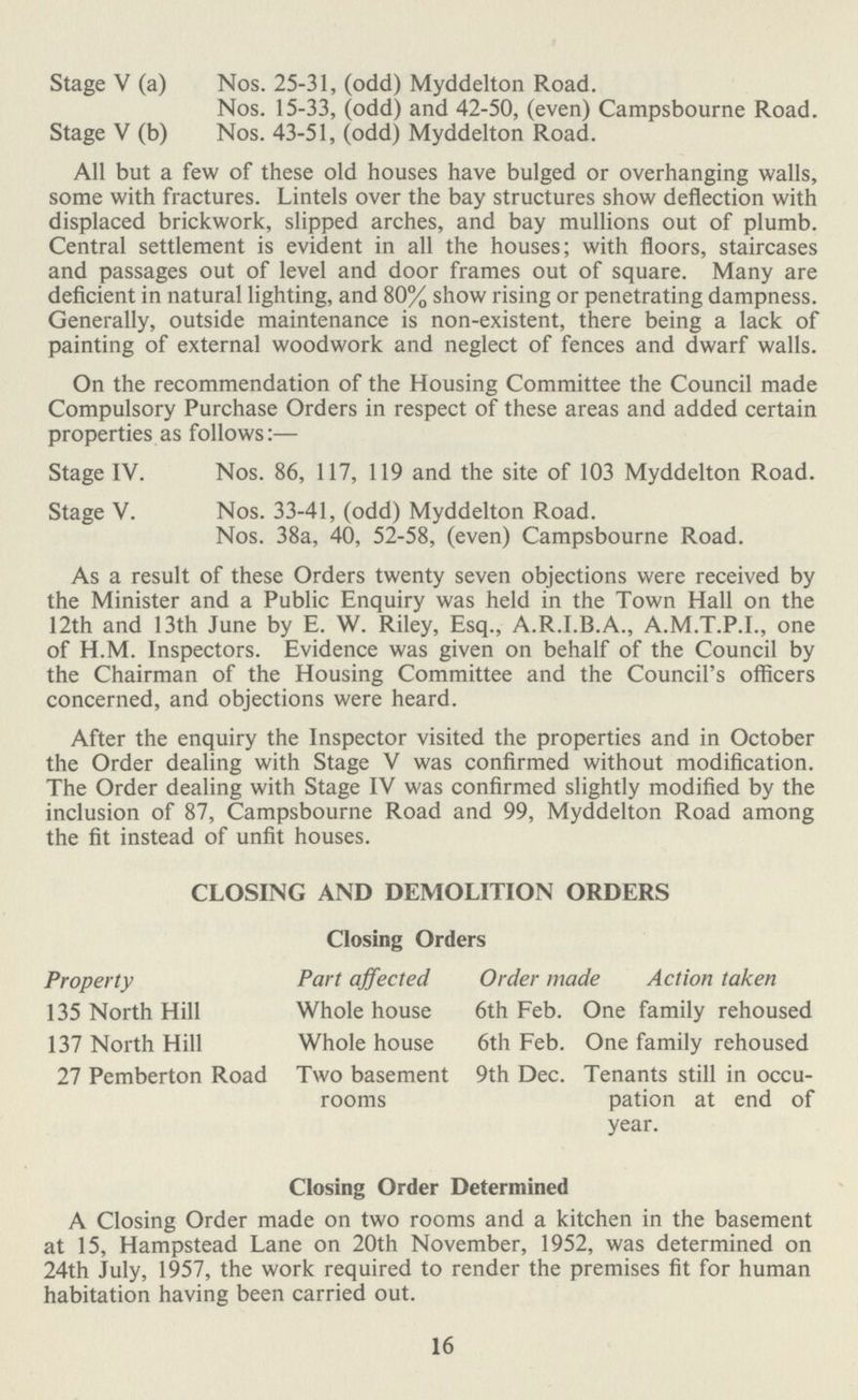Stage V (a) Nos. 25-31, (odd) Myddelton Road. Nos. 15-33, (odd) and 42-50, (even) Campsbourne Road. Stage V (b) Nos. 43-51, (odd) Myddelton Road. All but a few of these old houses have bulged or overhanging walls, some with fractures. Lintels over the bay structures show deflection with displaced brickwork, slipped arches, and bay mullions out of plumb. Central settlement is evident in all the houses; with floors, staircases and passages out of level and door frames out of square. Many are deficient in natural lighting, and 80% show rising or penetrating dampness. Generally, outside maintenance is non-existent, there being a lack of painting of external woodwork and neglect of fences and dwarf walls. On the recommendation of the Housing Committee the Council made Compulsory Purchase Orders in respect of these areas and added certain properties as follows:— Stage IV. Nos. 86, 117, 119 and the site of 103 Myddelton Road. Stage V. Nos. 33-41, (odd) Myddelton Road. Nos. 38a, 40, 52-58, (even) Campsbourne Road. As a result of these Orders twenty seven objections were received by the Minister and a Public Enquiry was held in the Town Hall on the 12th and 13th June by E. W. Riley, Esq., A.R.I.B.A., A.M.T.P.I., one of H.M. Inspectors. Evidence was given on behalf of the Council by the Chairman of the Housing Committee and the Council's officers concerned, and objections were heard. After the enquiry the Inspector visited the properties and in October the Order dealing with Stage V was confirmed without modification. The Order dealing with Stage IV was confirmed slightly modified by the inclusion of 87, Campsbourne Road and 99, Myddelton Road among the fit instead of unfit houses. CLOSING AND DEMOLITION ORDERS Closing Orders Property Part affected Order made Action taken 135 North Hill Whole house 6th Feb. One family rehoused 137 North Hill Whole house 6th Feb. One family rehoused 27 Pemberton Road Two basement 9th Dec. Tenants still in occu rooms pation at end of year. Closing Order Determined A Closing Order made on two rooms and a kitchen in the basement at 15, Hampstead Lane on 20th November, 1952, was determined on 24th July, 1957, the work required to render the premises fit for human habitation having been carried out. 16