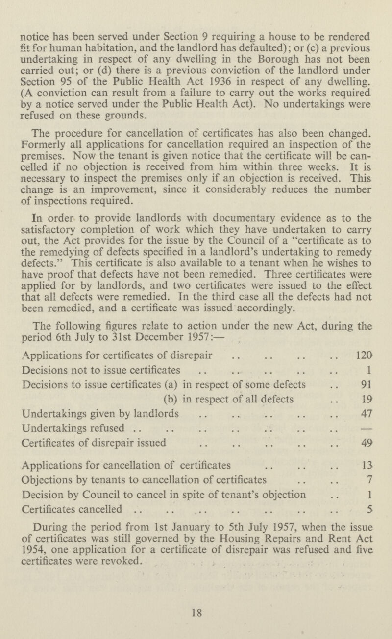 notice has been served under Section 9 requiring a house to be rendered lit for human habitation, and the landlord has defaulted); or (c) a previous undertaking in respect of any dwelling in the Borough has not been carried out; or (d) there is a previous conviction of the landlord under Section 95 of the Public Health Act 1936 in respect of any dwelling. (A conviction can result from a failure to carry out the works required by a notice served under the Public Health Act). No undertakings were refused on these grounds. The procedure for cancellation of certificates has also been changed. Formerly all applications for cancellation required an inspection of the premises. Now the tenant is given notice that the certificate will be can celled if no objection is received from him within three weeks. It is necessary to inspect the premises only if an objection is received. This change is an improvement, since it considerably reduces the number of inspections required. In order to provide landlords with documentary evidence as to the satisfactory completion of work which they have undertaken to carry out, the Act provides for the issue by the Council of a certificate as to the remedying of defects specified in a landlord's undertaking to remedy defects. This certificate is also available to a tenant when he wishes to have proof that defects have not been remedied. Three certificates were applied for by landlords, and two certificates were issued to the effect that all defects were remedied. In the third case all the defects had not been remedied, and a certificate was issued accordingly. The following figures relate to action under the new Act, during the period 6th July to 31st December 1957:— Applications for certificates of disrepair 120 Decisions not to issue certificates 1 Decisions to issue certificates (a) in respect of some defects 91 (b) in respect of all defects 19 Undertakings given by landlords 47 Undertakings refused — Certificates of disrepair issued 49 Applications for cancellation of certificates 13 Objections by tenants to cancellation of certificates 7 Decision by Council to cancel in spite of tenant's objection 1 Certificates cancelled 5 During the period from 1st January to 5th July 1957, when the issue of certificates was still governed by the Housing Repairs and Rent Act 1954, one application for a certificate of disrepair was refused and five certificates were revoked. 18