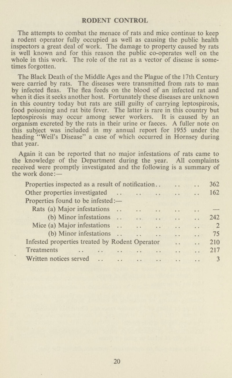 RODENT CONTROL The attempts to combat the menace of rats and mice continue to keep a rodent operator fully occupied as well as causing the public health inspectors a great deal of work. The damage to property caused by rats is well known and for this reason the public co-operates well on the whole in this work. The role of the rat as a vector of disease is some times forgotten. The Black Death of the Middle Ages and the Plague of the 17th Century were carried by rats. The diseases were transmitted from rats to man by infected fleas. The flea feeds on the blood of an infected rat and when it dies it seeks another host. Fortunately these diseases are unknown in this country today but rats are still guilty of carrying leptospirosis, food poisoning and rat bite fever. The latter is rare in this country but leptospirosis may occur among sewer workers. It is caused by an organism excreted by the rats in their urine or faeces. A fuller note on this subject was included in my annual report for 1955 under the heading Weil's Disease a case of which occurred in Hornsey during that year. Again it can be reported that no major infestations of rats came to the knowledge of the Department during the year. All complaints received were promptly investigated and the following is a summary of the work done:— Properties inspected as a result of notification 362 Other properties investigated 162 Properties found to be infested:— Rats (a) Major infestations — (b) Minor infestations 242 Mice (a) Major infestations 2 (b) Minor infestations 75 Infested properties treated by Rodent Operator 210 Treatments 217 Written notices served 3 20