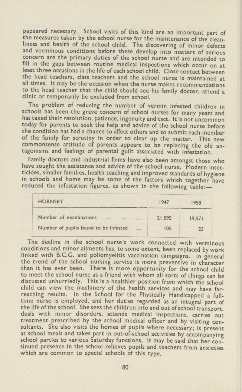 papeared necessary. School visits of this kind are an important part of the measures taken by the school nurse for the maintenance of the clean liness and health of the school child. The discovering of minor defects and verminous conditions before these develop into matters of serious concern are the primary duties of the school nurse and are intended to fill in the gaps between routine medical inspections which occur on at least three occasions in the life of each school child. Close contact between the head teachers, class teachers and the school nurse is maintained at all times. It may be the occasion when the nurse makes recommendations to the head teacher that the child should see his family doctor, attend a clinic or temporarily be excluded from school. The problem of reducing the number of vermin infested children in schools has been the grave concern of school nurses for many years and has taxed their resolution, patience, ingenuity and tact. It is not uncommon today for parents to seek the help and advice of the school nurse before the condition has had a chance to affect others and to submit each member of the family for scrutiny in order to clear up the matter. This new commonsense attitude of parents appears to be replacing the old an ragonisms and feelings of parental guilt associated with infestation. Family doctors and industrial firms have also been amongst those who have sought the assistance and advice of the school nurse. Modern insec ticides, smaller families, health teaching and improved standards of hygiene in schools and home may be some of the factors which together have reduced the infestation figures, as shown in the following table:— HORNSEY 1947 1958 Number of examinations 21,595 19,571 Number of pupils found to be infested 105 23 The decline in the school nurse's work connected with verminous conditions and minor ailments has, to some extent, been replaced by work linked with B.C.G. and poliomyelitis vaccination campaigns. In general the trend of the school nursing service is more preventive in character than it has ever been. There is more opportunity for the school child to meet the school nurse as a friend with whom all sorts of things can be discussed unhurriedly. This is a healthier position from which the school child can view the machinery of the health services and may have far reaching results. In the School for the Physically Handicapped a full time nurse is employed, and her duties regarded as an integral part of the life of the school. She sees the children into and out of school transport, deals with minor disorders, attends medical inspections, carries out treatment prescribed by the school medical officer and by visiting con sultants. She also visits the homes of pupils where necessary; is present at school meals and takes part in out-of-school activities by accompanying school parties to various Saturday functions. It may be said that her con tinued presence in the school relieves pupils and teachers from anxieties which are common to special schools of this type. 80