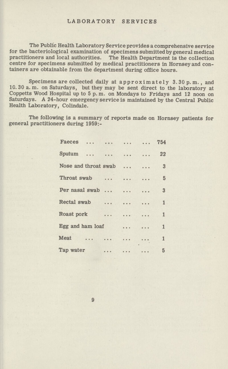LABORATORY SERVICES The Public Health Laboratory Service provides a comprehensive service for the bacteriological examination of specimens submitted by general medical practitioners and local authorities. The Health Department is the collection centre for specimens submitted by medical practitioners in Hornsey and con tainers are obtainable from the department during office hours. Specimens are collected daily at approximately 3.30 p.m., and 10. 30 a. m. on Saturdays, but they may be sent direct to the laboratory at Coppetts Wood Hospital up to 5 p. m. on Mondays to Fridays and 12 noon on Saturdays. A 24-hour emergency service is maintained by the Central Public Health Laboratory, Colindale. The following is a summary of reports made on Hornsey patients for general practitioners during 1959:- Faeces 754 Sputum 22 Nose and throat swab 3 Throat swab 5 Per nasal swab 3 Rectal swab 1 Roast pork 1 Egg and ham loaf 1 Meat 1 Tap water 5 9