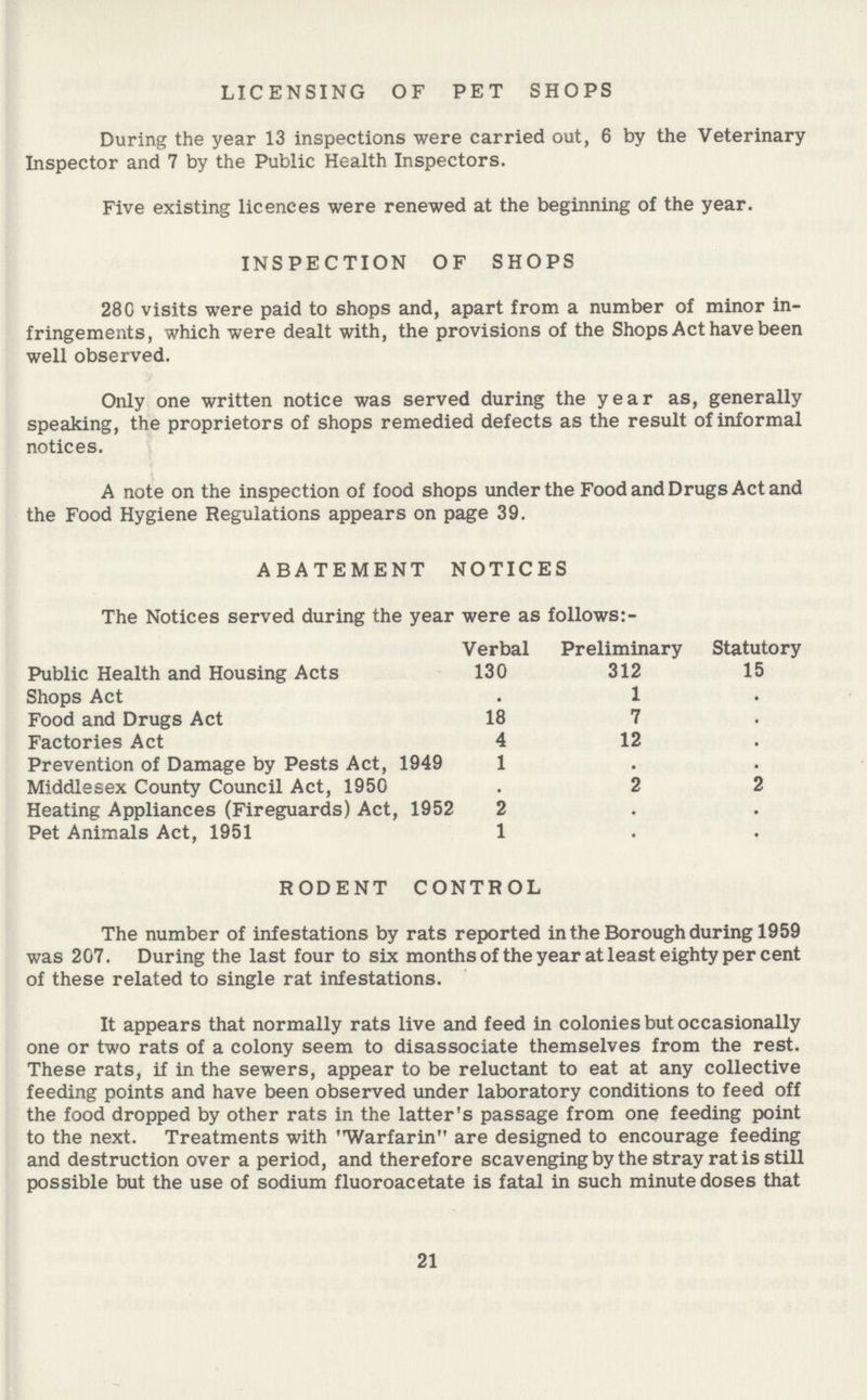 LICENSING OF PET SHOPS During the year 13 inspections were carried out, 6 by the Veterinary Inspector and 7 by the Public Health Inspectors. Five existing licences were renewed at the beginning of the year. INSPECTION OF SHOPS 280 visits were paid to shops and, apart from a number of minor in fringements, which were dealt with, the provisions of the Shops Act have been well observed. Only one written notice was served during the year as, generally speaking, the proprietors of shops remedied defects as the result of informal notices. A note on the inspection of food shops under the Food and Drugs Act and the Food Hygiene Regulations appears on page 39. ABATEMENT NOTICES The Notices served during the year were as follows:- Verbal Preliminary Statutory Public Health and Housing Acts 130 312 15 Shops Act . 1 . Food and Drugs Act 18 7 . Factories Act 4 12 . Prevention of Damage by Pests Act, 1949 1 Middlesex County Council Act, 1950 . 2 2 Heating Appliances (Fireguards) Act, 1952 2 . . Pet Animals Act, 1951 1 . . RODENT CONTROL The number of infestations by rats reported in the Borough during 1959 was 207. During the last four to six months of the year at least eighty per cent of these related to single rat infestations. It appears that normally rats live and feed in colonies but occasionally one or two rats of a colony seem to disassociate themselves from the rest. These rats, if in the sewers, appear to be reluctant to eat at any collective feeding points and have been observed under laboratory conditions to feed off the food dropped by other rats in the latter's passage from one feeding point to the next. Treatments with Warfarin are designed to encourage feeding and destruction over a period, and therefore scavenging by the stray rat is still possible but the use of sodium fluoroacetate is fatal in such minute doses that 21