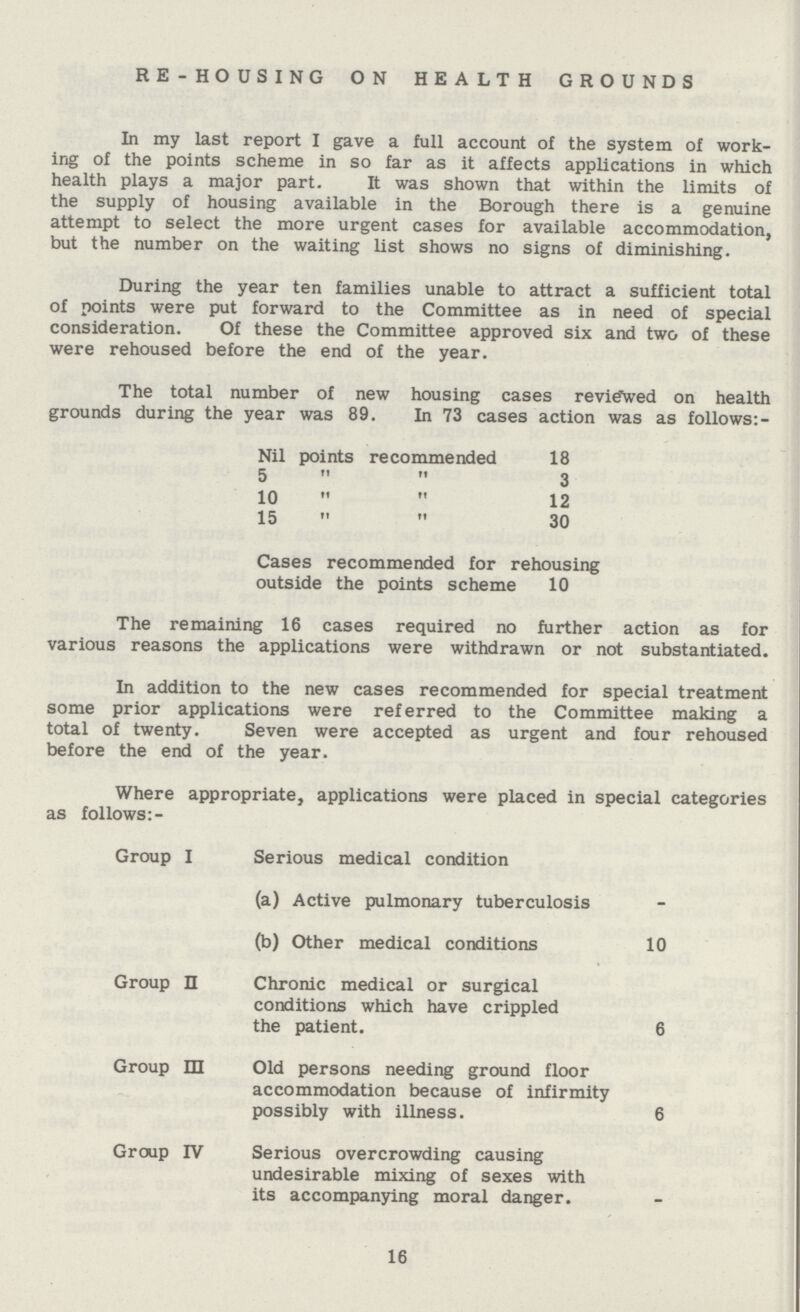 RE-HOUSING ON HEALTH GROUNDS In my last report I gave a full account of the system of work ing of the points scheme in so far as it affects applications in which health plays a major part. It was shown that within the limits of the supply of housing available in the Borough there is a genuine attempt to select the more urgent cases for available accommodation, but the number on the waiting list shows no signs of diminishing. During the year ten families unable to attract a sufficient total of points were put forward to the Committee as in need of special consideration. Of these the Committee approved six and two of these were rehoused before the end of the year. The total number of new housing cases reviewed on health grounds during the year was 89. In 73 cases action was as follows: - Nil points recommended 18 5 ''  3 10 ''  12 15 ''  30 Cases recommended for rehousing outside the points scheme 10 The remaining 16 cases required no further action as for various reasons the applications were withdrawn or not substantiated. In addition to the new cases recommended for special treatment some prior applications were referred to the Committee making a total of twenty. Seven were accepted as urgent and four rehoused before the end of the year. Where appropriate, applications were placed in special categories as follows:- Group I Serious medical condition (a) Active pulmonary tuberculosis (b) Other medical conditions 10 Group n Chronic medical or surgical conditions which have crippled the patient. 6 Group m Old persons needing ground floor accommodation because of infirmity possibly with illness. 6 Group IV Serious overcrowding causing undesirable mixing of sexes with its accompanying moral danger. 16