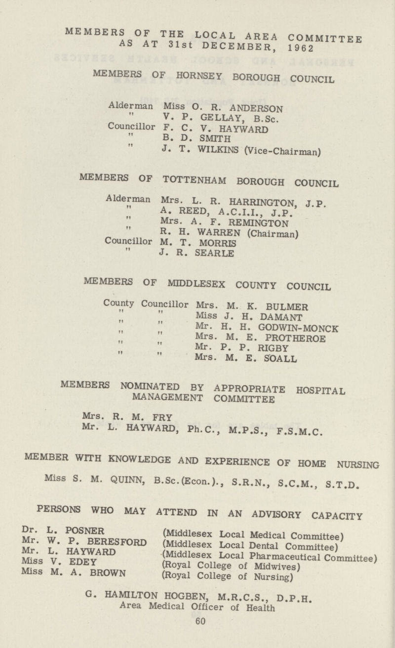 MEMBERS OF THE LOCAL AREA COMMITTEE AS AT 31st DECEMBER, 1962 MEMBERS OF HORNSEY BOROUGH COUNCIL Alderman Miss O. R. ANDERSON „ V. P. GELLAY, B.Sc. Councillor F. C. V. HAYWARD „ B. D. SMITH „ J. T. WILKINS (Vice-Chairman) MEMBERS OF TOTTENHAM BOROUGH COUNCIL Alderman Mrs. L. R. HARRINGTON, J.P. „ A. REED, A.C.I.I., J.P. „ Mrs. A. F. REMINGTON „ R. H. WARREN (Chairman) Councillor M. T. MORRIS „ J. R. SEARLE MEMBERS OF MIDDLESEX COUNTY COUNCIL County Councillor Mrs. M. K. BULMER „ „ Miss J. H. DAMANT „ „ Mr. H. H. GODWIN-MONCK „ „ Mrs. M. E. PROTHEROE „ „ Mr. P. P. RIGBY „ „ Mrs. M. E. SOALL MEMBERS NOMINATED BY APPROPRIATE HOSPITAL MANAGEMENT COMMITTEE Mrs. R. M. FRY Mr. L. HAYWARD, Ph.C., M.P.S., F.S.M.C. MEMBER WITH KNOWLEDGE AND EXPERIENCE OF HOME NURSING Miss S. M. QUINN, B.Sc. (Econ.)., S.R.N., S.C.M., S.T.D. PERSONS WHO MAY ATTEND IN AN ADVISORY CAPACITY Dr. L. POSNER (Middlesex Local Medical Committee) Mr. W. P. BERESFORD (Middlesex Local Dental Committee) Mr. L. HAYWARD (Middlesex Local Pharmaceutical Committee) Miss V. EDEY (Royal College of Midwives) Miss M. A. BROWN (Royal College of Nursing) G. HAMILTON HOGBEN, M.R.C.S., D.P.H. Area Medical Officer of Health 60