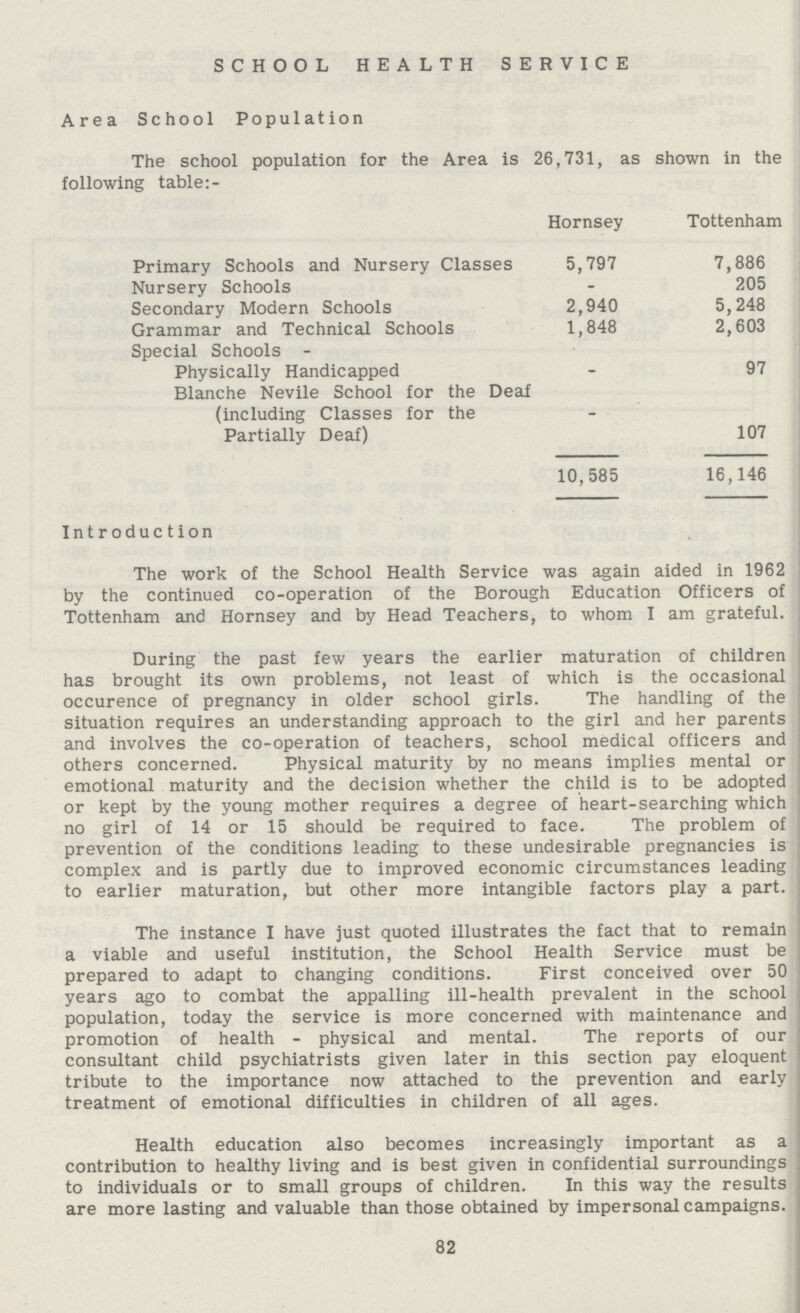 SCHOOL HEALTH SERVICE Area School Population The school population for the Area is 26,731, as shown in the following table:- Hornsey Tottenham Primary Schools and Nursery Classes 5,797 7,886 Nursery Schools - 205 Secondary Modern Schools 2,940 5,248 Grammar and Technical Schools 1,848 2,603 Special Schools Physically Handicapped - 97 Blanche Nevile School for the Deaf (including Classes for the Partially Deaf) - 107 10,585 16,146 Introduction The work of the School Health Service was again aided in 1962 by the continued co-operation of the Borough Education Officers of Tottenham and Hornsey and by Head Teachers, to whom I am grateful. During the past few years the earlier maturation of children has brought its own problems, not least of which is the occasional occurence of pregnancy in older school girls. The handling of the situation requires an understanding approach to the girl and her parents and involves the co-operation of teachers, school medical officers and others concerned. Physical maturity by no means implies mental or emotional maturity and the decision whether the child is to be adopted or kept by the young mother requires a degree of heart-searching which no girl of 14 or 15 should be required to face. The problem of prevention of the conditions leading to these undesirable pregnancies is complex and is partly due to improved economic circumstances leading to earlier maturation, but other more intangible factors play a part. The instance I have just quoted illustrates the fact that to remain a viable and useful institution, the School Health Service must be prepared to adapt to changing conditions. First conceived over 50 years ago to combat the appalling ill-health prevalent in the school population, today the service is more concerned with maintenance and promotion of health - physical and mental. The reports of our consultant child psychiatrists given later in this section pay eloquent tribute to the importance now attached to the prevention and early treatment of emotional difficulties in children of all ages. Health education also becomes increasingly important as a contribution to healthy living and is best given in confidential surroundings to individuals or to small groups of children. In this way the results are more lasting and valuable than those obtained by impersonal campaigns. 82
