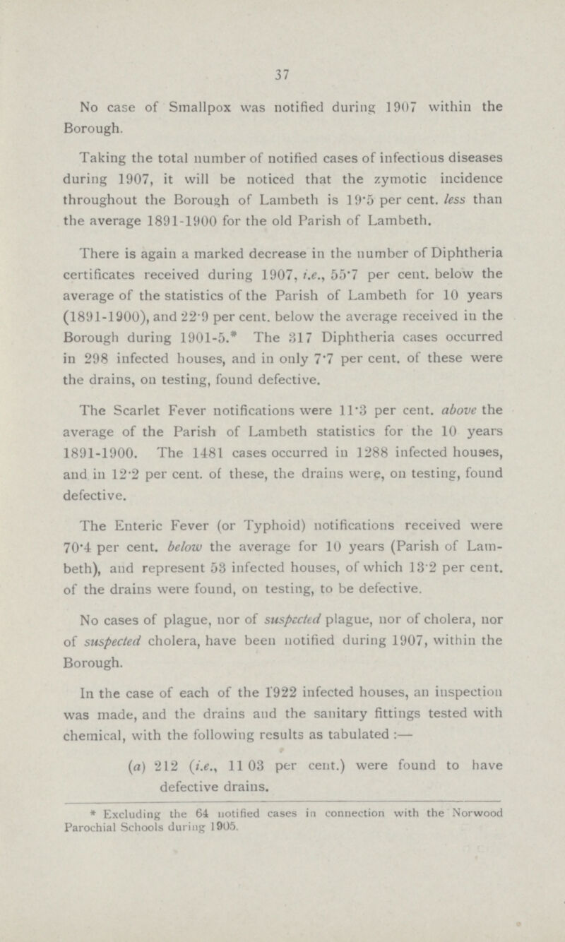 37 No case of Smallpox was notified during ]907 within the Borough. Taking the total number of notified cases of infectious diseases during 1907, it will be noticed that the zymotic incidence throughout the Borough of Lambeth is 19.5 per cent, less than the average 1891-1900 for the old Parish of Lambeth. There is again a marked decrease in the number of Diphtheria certificates received during 1907, i.e., 55.7 per cent, below the average of the statistics of the Parish of Lambeth for 10 years (1891-1900), and 22.9 per cent, below the average received in the Borough during 1901-5.* The 317 Diphtheria cases occurred in 298 infected houses, and in only 7.7 per cent, of these were the drains, on testing, found defective. The Scarlet Fever notifications were 11.3 per cent, above the average of the Parish of Lambeth statistics for the 10 years 1891-1900. The 1481 cases occurred in 1288 infected houses, and in 12.2 per cent, of these, the drains were, on testing, found defective. The Enteric Fever (or Typhoid) notifications received were 70.4 per cent, below the average for 10 years (Parish of Lam beth), and represent 53 infected houses, of which 13.2 per cent, of the drains were found, on testing, to be defective. No cases of plague, nor of suspected plague, nor of cholera, nor of suspected cholera, have been notified during 1907, within the Borough. In the case of each of the 1922 infected houses, an inspection was made, and the drains and the sanitary fittings tested with chemical, with the following results as tabulated:— (a) 212 (i.e., 1103 per cent.) were found to have defective drains. *Excluding the 64 notified cases in connection with the Norwood Parochial Schools during 1905.