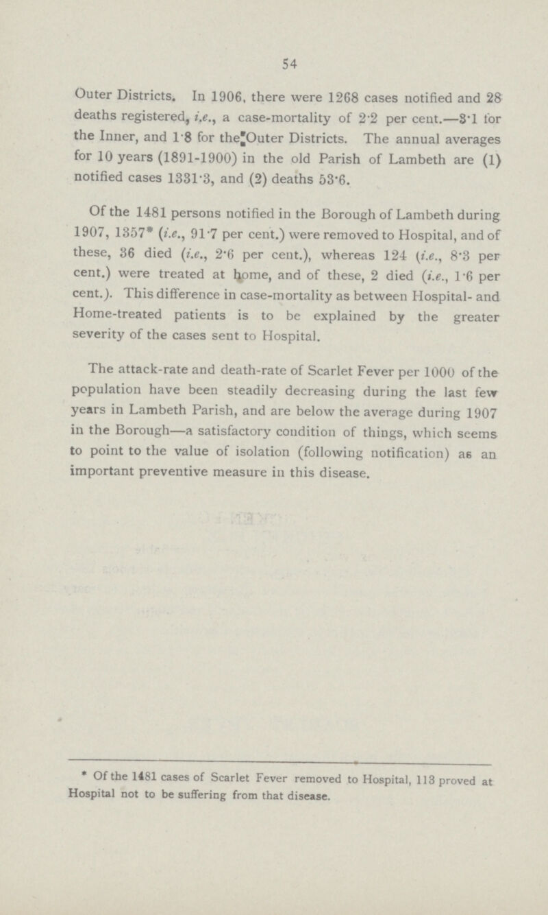 54 Outer Districts. In 1906, there were 1268 cases notified and 28 deaths registered, i.e., a case-mortality of 2.2 per cent.—3.1 for the Inner, and 1.8 for the .Outer Districts. The annual averages for 10 years (1891.1900) in the old Parish of Lambeth are (1) notified cases 133T3, and (2) deaths 53.6. Of the 1481 persons notified in the Borough of Lambeth during 1907, 1357* (i.e., 91.7 per cent.) were removed to Hospital, and of these, 36 died (i.e., 2.6 per cent.), whereas 124 (i.e., 8.3 per cent.) were treated at home, and of these, 2 died (i.e., l.6 per cent.). This difference in case-mortality as between Hospital. and Home-treated patients is to be explained by the greater severity of the cases sent to Hospital. The attack-rate and death-rate of Scarlet Fever per 1000 of the population have been steadily decreasing during the last few years in Lambeth Parish, and are below the average during 1907 in the Borough—a satisfactory condition of things, which seems to point to the value of isolation (following notification) as an important preventive measure in this disease. * *Of the 1481 cases of Scarlet Fever removed to Hospital, 113 proved at Hospital not to be suffering from that disease.