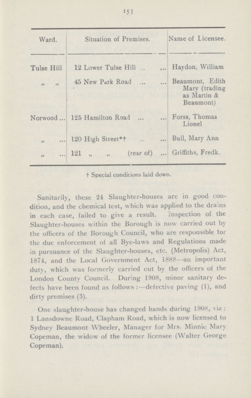 153 Ward.] Situation of Premises. Name of Licensee. Tulse Hill 12 Lower Tulse Hill Haydon, William ,, ,, 45 New Park Road Beaumont, Edith Mary (trading as Martin & Beaumont) Norwood 125 Hamilton Road Forss, Thomas Lionel ,, 120 High Street*+ Bull, Mary Ann ,, 121 „ „ (rear of) Griffiths, Fredk. † Special conditions laid down. Sanitarily, these 24 Slaughter-houses are in good con dition, and the chemical test, which was applied to the drains in each case, failed to give a result. Inspection of the Slaughter-houses within the Borough is now carried out by the officers of the Borough Council, who are responsible for the due enforcement of all Bye-laws and Regulations made in pursuance of the Slaughter-houses, etc. (Metropolis) Act, 1874, and the Local Government Act, 1888—an important duty, which was formerly carried out by the officers of the London County Council. During 1908, minor sanitary de fects have been found as follows:-defective paving (1), and dirty premises (3). One slaughter-house has changed hands during 1908, viz: 1 Lansdowne Road, Clapham Road, which is now licensed to Sydney Beaumont Wheeler, Manager for Mrs. Minnie Mary Copeman, the widow of the former licensee (Walter George Copeman).