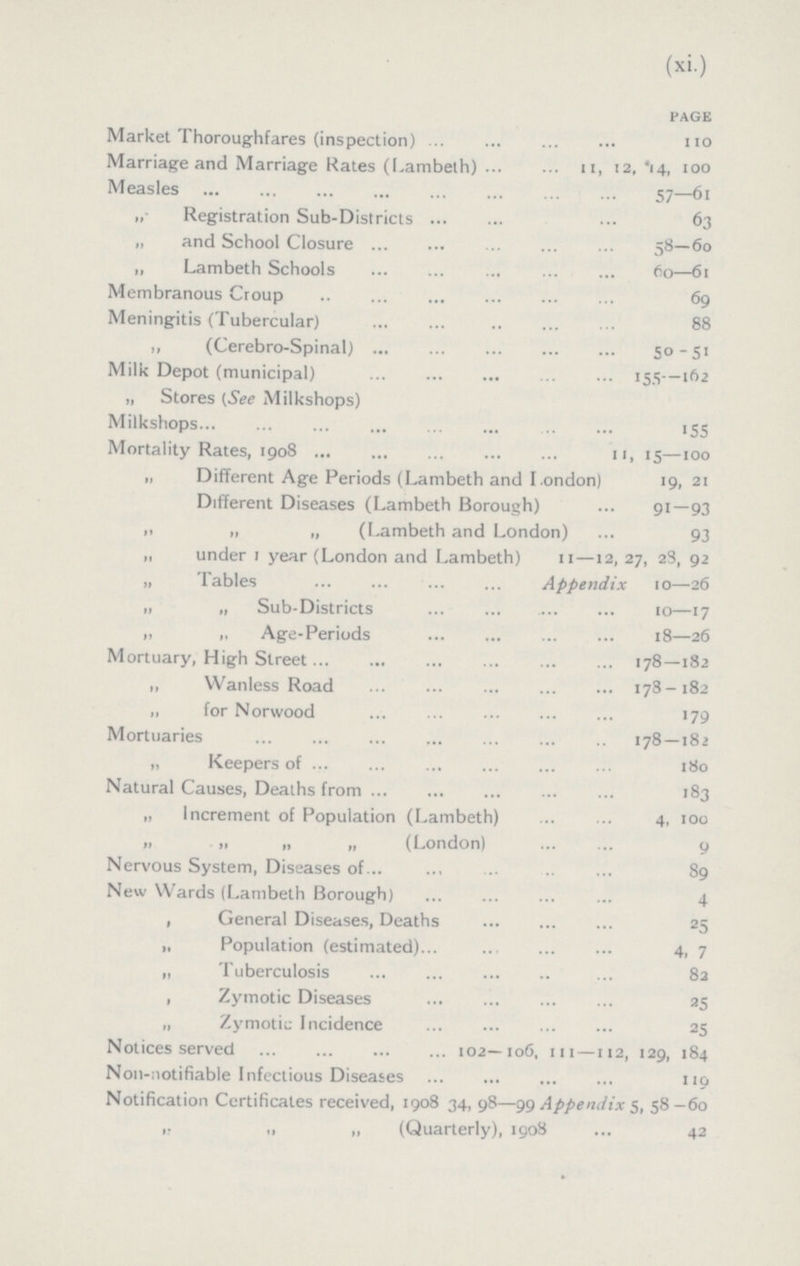 (xi.) PAGE Market Thoroughfares (inspection) 110 Marriage and Marriage Rates (Lambeth 11, 12, 14, 100 Measles 57—61 „ Registration Sub-Districts 63 ,, and School Closure 58—60 „ Lambeth Schools 60—61 Membranous Croup 69 Meningitis (Tubercular) 88 ,, (Cerebro-Spinal) 50-51 Milk Depot (municipal) 155—162 „ Stores (See Milkshops) Milkshops 155 Mortality Rates, 1908 11, 15—100 „ Different Age Periods (Lambeth and London) 19, 21 Different Diseases (Lambeth Borough) 91—93 „ „ ,, (Lambeth and London) 93 „ under 1 year (London and Lambeth) 11—12, 27, 28, 92 „ Tables Appendix 10—26 ,, „ Sub-Districts 10—17 „ „ Age-Periods 18—26 Mortuary, High Street 178—182 „ Wanless Road 178-182 „ for Norwood 179 Mortuaries 178—182 ,, Keepers of 180 Natural Causes, Deaths from 183 „ Increment of Population (Lambeth) 4, 100 ,, ,, ,, ,, (London) 9 Nervous System, Diseases of 89 New Wards (Lambeth Borough) 4 , General Diseases, Deaths 25 „ Population (estimated) 4, 7 „ Tuberculosis 82 , Zymotic Diseases 25 „ Zymotic Incidence 25 Notices served 102—106, 111 —112, 129, 184 Non-notifiable Infectious Diseases 119 Notification Certificates received, 1908 34, 98—99 Appendix 5, 58-60 „ „ „ (Quarterly), 1908 42