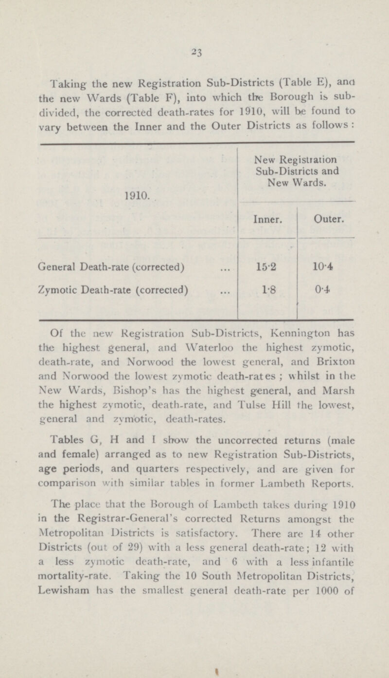 23 Taking the new Registration Sub.Districts (Table E), and the new Wards (Table F), into which the Borough is sub divided, the corrected death.rates for 1910, will be found to vary between the Inner and the Outer Districts as follows : New Registration Sub.Districts and New Wards. 1910. Inner. Outer. General Death.rate (corrected) 15.2 10.4 Zymotic Death.rate (corrected) 1.8 0.4 Of the new Registration Sub.Districts, Kennington has the highest general, and Waterloo the highest zymotic, death.rate, and Norwood the lowest general, and Brixton and Norwood the lowest zymotic death.rates; whilst in the New Wards, Bishop's has the highest general, and Marsh the highest zymotic, death.rate, and Tulse Hill the lowest, general and zymotic, death.rates. Tables G,H and I show the uncorrected returns (male and female) arranged as to new Registration Sub.Distriots, age periods, and quarters respectively, and are given for comparison with similar tables in former Lambeth Reports. The place that the Borough of Lambeth takes during 1910 in the Registrar.General's corrected Returns amongst the Metropolitan Districts is satisfactory. There arc 14 other Districts (out of 29) with a less general death.rate; 12 with a less zymotic death.rate, and 6 with a less infantile mortality.rate. Taking the 10 South Metropolitan Districts, Lewisham has the smallest general death.rate per 1000 of