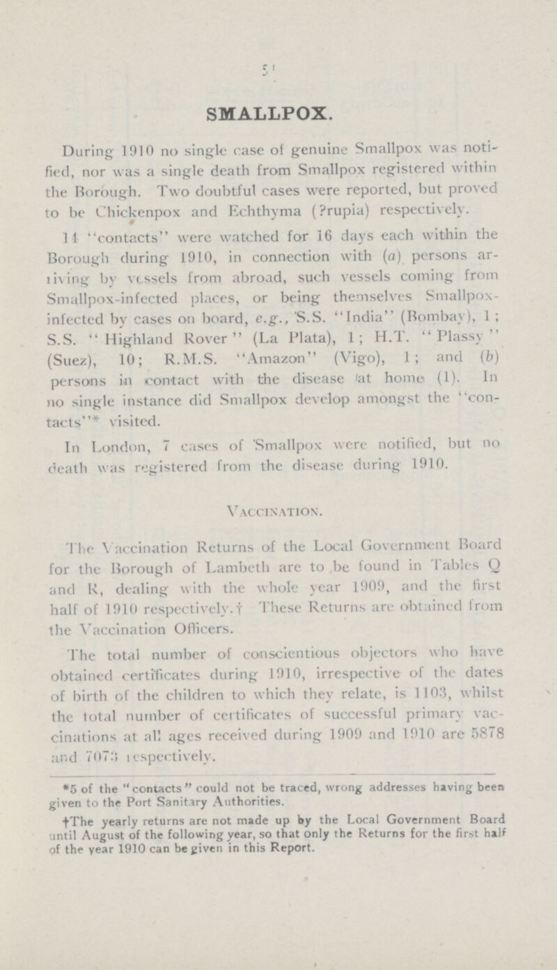 50 SMALLPOX. During 1910 no single case of genuine Smallpox was noti fied, nor was a single death from Smallpox registered within the Borough. Two doubtful cases were reported, but proved to be Chickenpox and Echthyma (Prupia) respectively. 11 contacts were watched for 16 days each within the Borough during 1910, in connection with (a) persons ar ming by vessels from abroad, such vessels coming from Smallpox-infected places, or being themselves Smallpox infected by cases on board, e.g., S.S. India (Bombay), 1; S.S. Highland Rover (La Plata), 1; H.T. Plassy (Suez), 10; R.M.S. Amazon (Vigo), 1; and (b) persons in contact with the disease at home (1). In no single instance did Smallpox develop amongst the con tacts* visited. In London, 7 cases of Smallpox were notified, but no death was registered from the disease during 1910. Vaccination. The Vaccination Returns of the Local Government Board for the Borough of Lambeth are to be found in Tables Q and R, dealing with the whole year 1909, and the first half of 1910 respectively.† These Returns are obtained from the Vaccination Officers. The total number of conscientious objectors who have obtained certificates during 1910, irrespective of the dates of birth of the children to which they relate, is 1103, whilst the total number of certificates of successful primary vac cinations at all ages received during 1909 and 1910 are 5878 and 7073 respectively. *5 of the contacts could not be traced, wrong addresses having been given to the Port Sanitary Authorities. †The yearly returns are not made up by the Local Government Board until August of the following year, so that only the Returns for the first half of the year 1910 can be given in this Report.