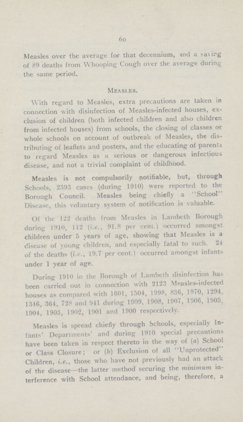 60 Measles over the average for that decennium, and a saving of 89 deaths from Whooping' Cough over the average during the same period. Measles. With regard to Measles, extra precautions are taken in connection with disinfection of Measles-infected houses, ex clusion of children (both infected children and also children from infected houses) from schools, the closing of classes or whole schools on account of outbreak of Measles, the dis tributing of leaflets and posters, and the educating of parents to regard Measles as a serious or dangerous infectious disease, and not a trivial complaint of childhood. Measles is not compulsorily notifiable, but, through Schools, 2393 cases (during 1910) were reported to the Borough Council. Measles being chiefly a School Disease, this voluntary system of notification is valuable. Of the 122 deaths from Measles in Lambeth Borough during 1910, 112 (i.e., 91.8 per cent.) occurred amongst children under 5 years of age, showing that Measles is a disease of young children, and especially fatal to such. 24 of the deaths (i.e., 19.7 per cent.) occurred amongst infants under 1 year of age. During 1910 in the Borough of Lambeth disinfection has been carried out in connection with 2123 Measles-infected houses as compared with 1601, 1504, 1998, 836, 1970, 1294, 1346, 364, 728 and 941 during 1909, 1908, 1907, 1906, 1905. 1904, 1903, 1902, 1901 and 1900 respectively. Measles is spread chiefly through Schools, especially In fants' Departments' and during 1910 special precautions have been taken in respect thereto in the way of (a) School or Class Closure; or (b) Exclusion of all Unprotected Children, i.e., those who have not previously had an attack of the disease—the latter method securing the minimum in terference with School attendance, and being, therefore, a