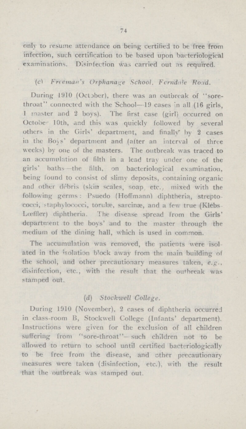 74 only to resume attendance on being certified to be free from infection, such certification to be based upon bacteriological examinations. Disinfection was carried out as required. (c) Freeman's Orphanage School, Ferndale Road. During 1910 (October), there was an outbreak of sore throat connected with the School—19 cases in all (16 girls, 1 master and 2 boys). The first case (girl) occurred on October 10th, and this was quickly followed by several others in the Girls' department, and finally by 2 cases in the Boys' department and (after an interval of three weeks) by one of the masters. The outbreak was traced to an accumulation of filth in a lead tray under one of the girls' baths the filth, on bacteriological examination, being found to consist of slimy deposits, containing organic and other debris (skin scales, soap etc., mixed with the following germs: Psuedo (Hoffmann) diphtheria, strepto cocci, staphylococci, torulæ, sarcinæ, and a few true (Klebs Lœffler) diphtheria. The disease spread from the Girls' department to the boys' and to the master through the medium of the dining hall, which is used in common. The accumulation was removed, the patients were isol ated in the isolation block away from the main building of the school, and other precautionary measures taken, e.g., disinfection, etc., with the result that the outbreak was stamped out. (d) Stockwell College. During 1910 (November), 2 cases of diphtheria occurred in class-room B, Stockwell College (Infants' department). Instructions were given for the exclusion of all children suffering from sore-throat— such children not to be allowed to return to school until certified bacteriologically to be free from the disease, and other precautionary measures were taken (disinfection, etc.), with the result that the outbreak was stamped out.
