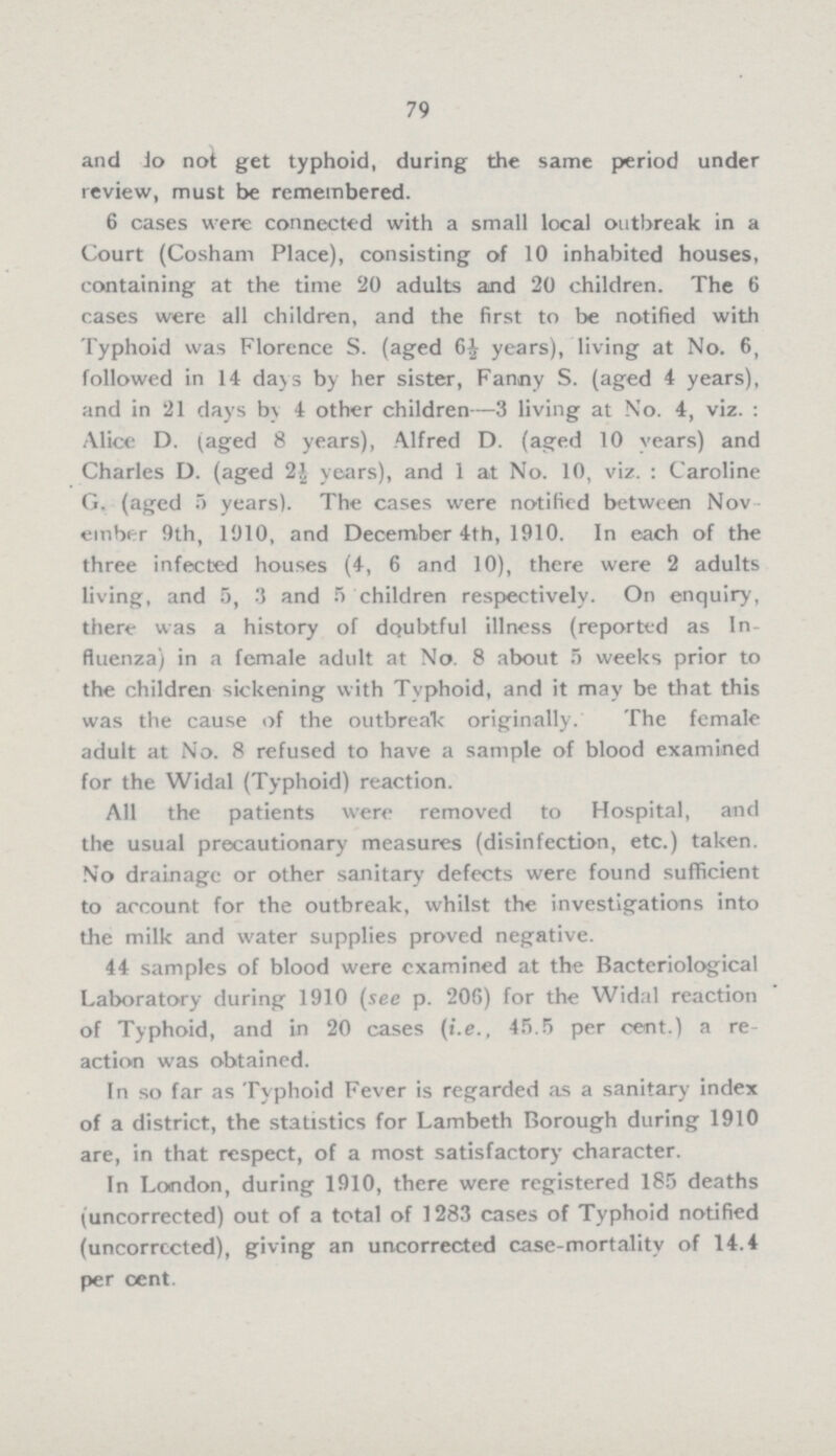 79 and do not get typhoid, during the same period under review, must be remembered. 6 cases were connected with a small local outbreak in a Court (Cosham Place), consisting of 10 inhabited houses, containing at the time 20 adults and 20 children. The 6 cases were all children, and the first to be notified with Typhoid was Florence S. (aged 6½ years), living at No. 6, followed in 14 days by her sister, Fanny S. (aged 4 years), and in 21 days by 4 other children—3 living at No. 4, viz.: Alice D. (aged 8 years), Alfred D. (aged 10 years) and Charles D. (aged 2½ years), and 1 at No. 10, viz.: Caroline G. (aged 5 years). The cases were notified between Nov ember 9th, 1910, and December 4th, 1910. In each of the three infected houses (4, 6 and 10), there were 2 adults living, and 5, 3 and 5 children respectively. On enquiry, there was a history of doubtful illness (reported as In fluenza) in a female adult at No. 8 about 5 weeks prior to the children sickening with Typhoid, and it may be that this was the cause of the outbreak originally. The female adult at No. 8 refused to have a sample of blood examined for the Widal (Typhoid) reaction. All the patients were removed to Hospital, and the usual precautionary measures (disinfection, etc.) taken. No drainage or other sanitary defects were found sufficient to account for the outbreak, whilst the investigations into the milk and water supplies proved negative. 44 samples of blood were examined at the Bacteriological Laboratory during 1910 (see p. 206) for the Widal reaction of Typhoid, and in 20 cases (i.e., 45.5 per cent.) a re action was obtained. In so far as Typhoid Fever is regarded as a sanitary index of a district, the statistics for Lambeth Borough during 1910 are, in that respect, of a most satisfactory character. In London, during 1910, there were registered 185 deaths (uncorrected) out of a total of 1283 cases of Typhoid notified (uncorrected), giving an uncorrected case-mortality of 14.4 per cent.
