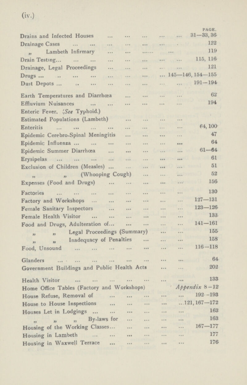 (iv) Page Drains and Infected Houses 31—33,36 Drainage Cases 122 „ Lambeth Infirmary 119 Drain Testing 115, 116 Drainage, Legal Proceedings 121 Drugs 145—146,154—155 Dust Depots 191—194 Earth Temperatures and Diarrhœa 62 Effluvium Nuisances 194 Enteric Fever (See Typhoid) Estimated Populations (Lambeth) Enteritis 64,100 Epidemic Cerebro-Spinal Meningitis 47 Epidemic Influenza 64 Epidemic Summer Diarrhœa 61—64 Erysipelas 61 Exclusion of Children (Measles) 51 „ „ (Whooping Cough) 52 Expenses (Food and Drugs) 156 Factories 130 Factory and Workshops 127—131 Female Sanitary Inspectors 123—126 Female Health Visitor 133 Food and Drugs, Adulteration of 141—161 „ „ Legal Proceedings (Summary) 155 „ ,, Inadequacy of Penalties 158 Food, Unsound 116—118 Glanders 64 Government Buildings and Public Health Acts 202 Health Visitor 133 Home Office Tables (Factory and Workshops) Appendix 8—32 House Refuse, Removal of 192 -193 House to House Inspections 121,167—172 Houses Let in Lodgings 163 „ „ „ By-laws for 163 Housing of the Working Classes 167—177 Housing in Lambeth 177 Housing in Waxwell Terrace 176