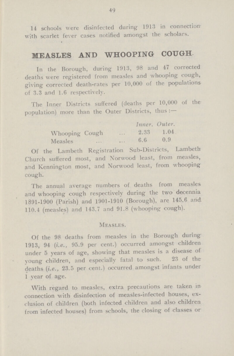 49 14 schools were disinfected during 1913 in connection with scarlet fever cases notified amongst the scholars. MEASLES AND WHOOPING COUGH. In the Borough, during 1913, 98 and 47 corrected deaths were registered from measles and whooping cough, giving corrected death-rates per 10,000 of the populations of 3.3 and 1.6 respectively. The Inner Districts suffered (deaths per 10,000 of the population) more than the Outer Districts, thus:— Inner. Outer. Whooping Cough 2.33 1.04 Measles 6.6 0.9 Of the Lambeth Registration Sub-Districts, Lambeth Church suffered most, and Norwood least, from measles, and Kennington most, and Norwood least, from whooping cough. The annual average numbers of deaths from measles and whooping cough respectively during the two decennia 1891-1900 (Parish) and 1901-1910 (Borough), are 145.6 and 110.4 (measles) and 143.7 and 91.8 (whooping cough). Measles. Of the 98 deaths from measles in the Borough during 1913, 94 (i.e., 95.9 per cent.) occurred amongst children under 5 years of age, showing that measles is a disease of young children, and especially fatal to such. 23 of the deaths (i.e., 23.5 per cent.) occurred amongst infants under 1 year of age. With regard to measles, extra precautions are taken in connection with disinfection of measles-infected houses, ex clusion of children (both infected children and also children from infected houses) from schools, the closing of classes or