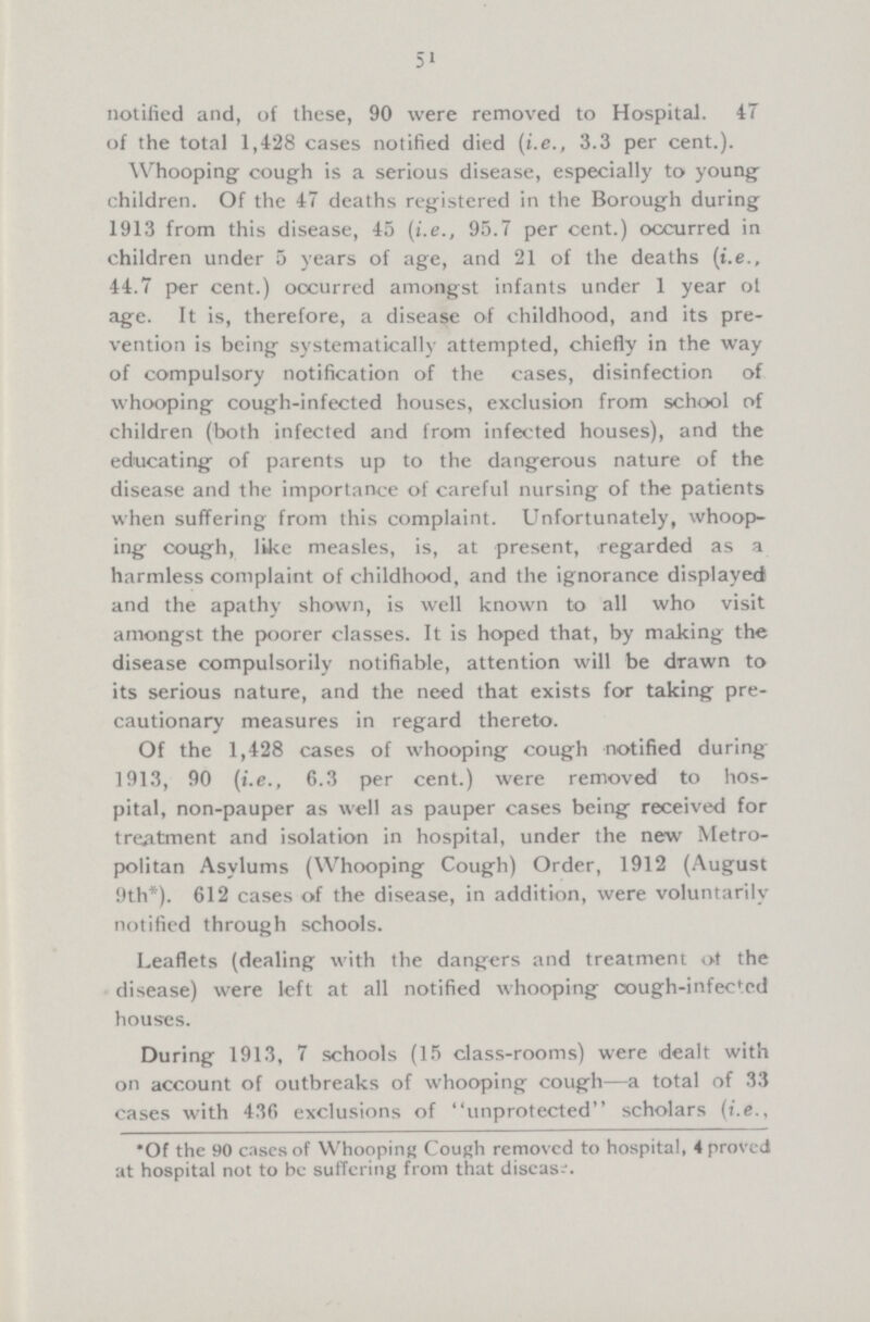 51 notified and, of these, 90 were removed to Hospital. 47 of the total 1,428 cases notified died (i.e., 3.3 per cent.). Whooping cough is a serious disease, especially to young children. Of the 47 deaths registered in the Borough during 1913 from this disease, 45 (i.e., 95.7 per cent.) occurred in children under 5 years of age, and 21 of the deaths (i.e., 44.7 per cent.) occurred amongst infants under 1 year of age. It is, therefore, a disease of childhood, and its pre vention is being systematically attempted, chiefly in the way of compulsory notification of the cases, disinfection of whooping cough-infected houses, exclusion from school of children (both infected and from infected houses), and the educating of parents up to the dangerous nature of the disease and the importance of careful nursing of the patients when suffering from this complaint. Unfortunately, whoop ing cough, like measles, is, at present, regarded as a harmless complaint of childhood, and the ignorance displayed and the apathy shown, is well known to all who visit amongst the poorer classes. It is hoped that, by making the disease compulsorily notifiable, attention will be drawn to its serious nature, and the need that exists for taking pre cautionary measures in regard thereto. Of the 1,428 cases of whooping cough notified during 1913, 90 (i.e., 6.3 per cent.) were removed to hos pital, non-pauper as well as pauper cases being received for treatment and isolation in hospital, under the new Metro politan Asylums (Whooping Cough) Order, 1912 (August 9th*). 612 cases of the disease, in addition, were voluntarily notified through schools. Leaflets (dealing with the dangers and treatment ot the disease) were left at all notified whooping cough-infected houses. During 1913, 7 schools (15 class-rooms) were dealt with on account of outbreaks of whooping cough—a total of 33 cases with 436 exclusions of unprotected scholars (i.e., *Of the 90 eases of Whooping Cough removed to hospital, 4 proved at hospital not to be suffering from that disease.