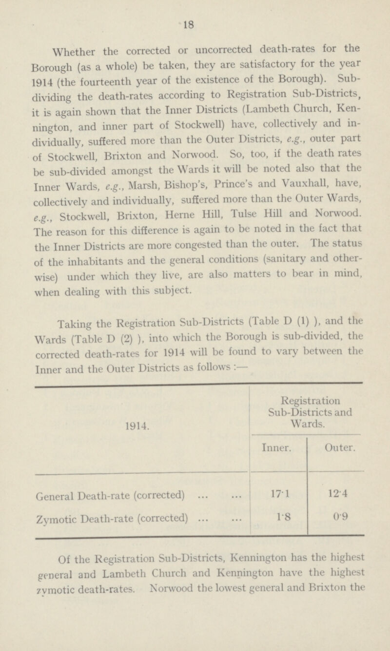 18 Whether the corrected or uncorrected death-rates for the Borough (as a whole) be taken, they are satisfactory for the year 1914 (the fourteenth year of the existence of the Borough). Sub dividing the death-rates according to Registration Sub-Districts, it is again shown that the Inner Districts (Lambeth Church, Ken nington, and inner part of Stockwell) have, collectively and in dividually, suffered more than the Outer Districts, e.g., outer part of Stockwell, Brixton and Norwood. So, too, if the death rates be sub-divided amongst the Wards it will be noted also that the Inner Wards, e.g., Marsh, Bishop's, Prince's and Vauxhall, have, collectively and individually, suffered more than the Outer Wards, e.g., Stockwell, Brixton, Heme Hill, Tulse Hill and Norwood. The reason for this difference is again to be noted in the fact that the Inner Districts are more congested than the outer. The status of the inhabitants and the general conditions (sanitary and other wise) under which they live, are also matters to bear in mind, when dealing with this subject. Taking the Registration Sub-Districts (Table D (1) ), and the Wards (Table D (2) ), into which the Borough is sub-divided, the corrected death-rates for 1914 will be found to vary between the Inner and the Outer Districts as follows:— 1914. Registration Sub-Districts and Wards. Inner. Outer. General Death-rate (corrected) 171 124 Zymotic Death-rate (corrected) 1.8 0.9 Of the Registration Sub-Districts, Kennington has the highest general and Lambeth Church and Kennington have the highest zymotic death-rates. Norwood the lowest general and Brixton the