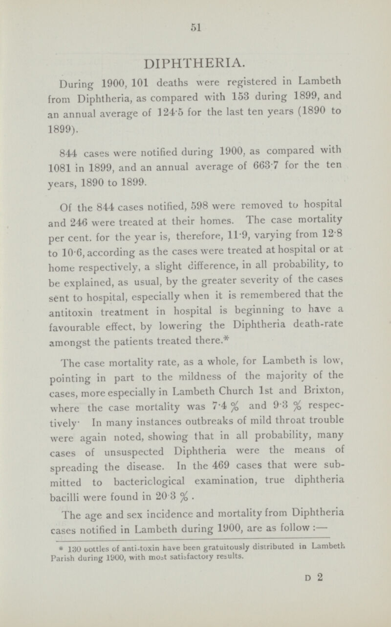 51 DIPHTHERIA. During 1900, 101 deaths were registered in Lambeth from Diphtheria, as compared with 153 during 1899, and an annual average of 124.5 for the last ten years (1890 to 1899). 844 cases were notified during 1900. as compared with 1081 in 1899, and an annual average of 6637 for the ten years, 1890 to 1899. Of the 844 cases notified, 598 were removed to hospital and 246 were treated at their homes. The case mortality per cent. for the year is, therefore, 11.9, varying from 12.8 to 10.6, according as the cases were treated at hospital or at home respectively, a slight difference, in all probability, to be explained, as usual, by the greater severity of the cases sent to hospital, especially when it is remembered that the antitoxin treatment in hospital is beginning to have a favourable effect, by lowering the Diphtheria death-rate amongst the patients treated there.* The case mortality rate, as a whole, for Lambeth is low, pointing in part to the mildness of the majority of the cases, more especially in Lambeth Church 1st and Brixton, where the case mortality was 7.4% and 9.3% respec tively In many instances outbreaks of mild throat trouble were again noted, showing that in all probability, many cases of unsuspected Diphtheria were the means of spreading the disease. In the 469 cases that were sub mitted to bacteriological examination, true diphtheria bacilli were found in 20.3%. The age and sex incidence and mortality from Diphtheria cases notified in Lambeth during 1900, are as follow:— * 130 bottles of anti-toxin have been gratuitously distributed in Lambeth Parish during 1900, with moat satisfactory results. d 2