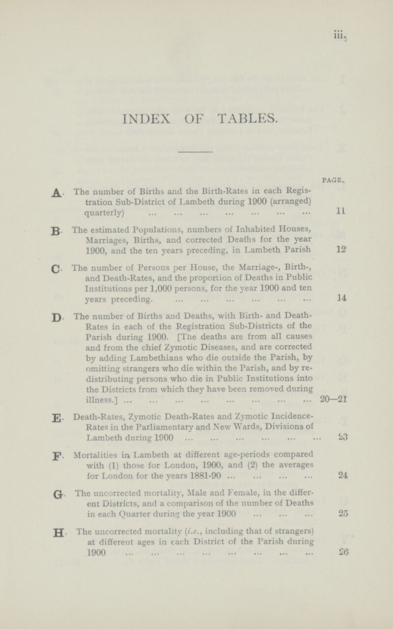 iii. INDEX OF TABLES. PAGE.. A The number of Births and the Birth-Rates in each Regis tration Sub-District of Lambeth during 1900 (arranged) quarterly) 11 B. The estimated Populations, numbers of Inhabited Houses, Marriages, Births, and corrected Deaths for the year 1900, and the ten years preceding, in Lambeth Parish 12 C. The number of Persons per House, the Marriage-, Birth-, and Death-Rates, and the proportion of Deaths in Public Institutions per 1,000 persons, for the year 1900 and ten years preceding. 14 D The number of Births and Deaths, with Birth- and Death Rates in each of the Registration Sub-Districts of the Parish during 1900. [The deaths are from all causes and from the chief Zymotic Diseases, and are corrected by adding Lambethians who die outside the Parish, by omitting strangers who die within the Parish, and by re distributing persons who die in Public Institutions into the Districts from which they have been removed during illness.] 20—21 E Death-Rates, Zymotic Death-Rates and Zymotic Incidence Rates in the Parliamentary and New Wards, Divisions of Lambeth during 1900 23 F.. Mortalities in, Lambeth at different age-periods compared with (1) those for London, 1900, and (2) the averages for London for the years 1881-90 24 G The uncorrected mortality, Male and Female, in the differ ent Districts, and a comparison of the number of Deaths in each Quarter during the year 1900 25 H The uncorrected mortality (i.e., including that of strangers) at different ages in cach District of the Parish during 1900 26