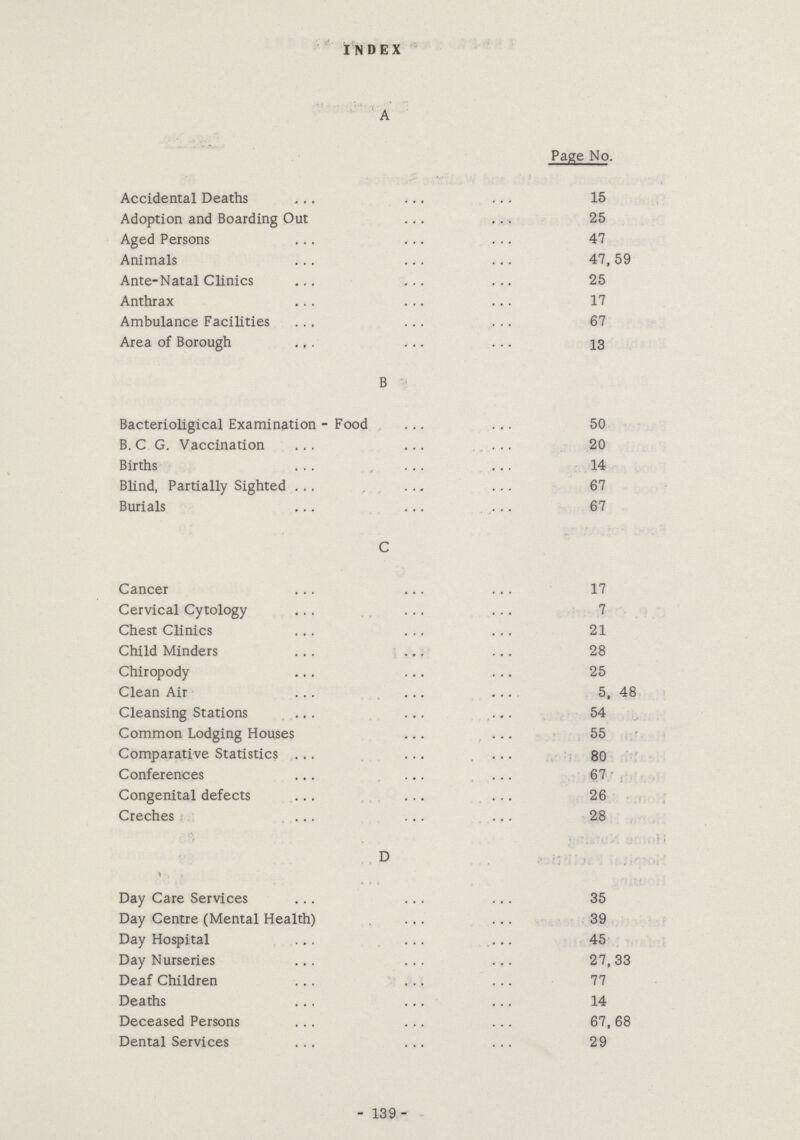 INDEX A Page No. Accidental Deaths 15 Adoption and Boarding Out 25 Aged Persons 47 Animals 47,59 Ante-Natal Clinics 25 Anthrax 17 Ambulance Facilities 67 Area of Borough 13 B Bacterioligical Examination - Food 50 B.C.G. Vaccination 20 Births 14 Blind, Partially Sighted 67 Burials 67 C Cancer 17 Cervical Cytology 7 Chest Clinics 21 Child Minders 28 Chiropody 25 Clean Air 5, 48 Cleansing Stations 54 Common Lodging Houses 55 Comparative Statistics 80 Conferences 67 Congenital defects 26 Creches 28 D Day Care Services 35 Day Centre (Mental Health) 39 Day Hospital 45 Day Nurseries 27,33 Deaf Children 77 Deaths 14 Deceased Persons 67,68 Dental Services 29 139