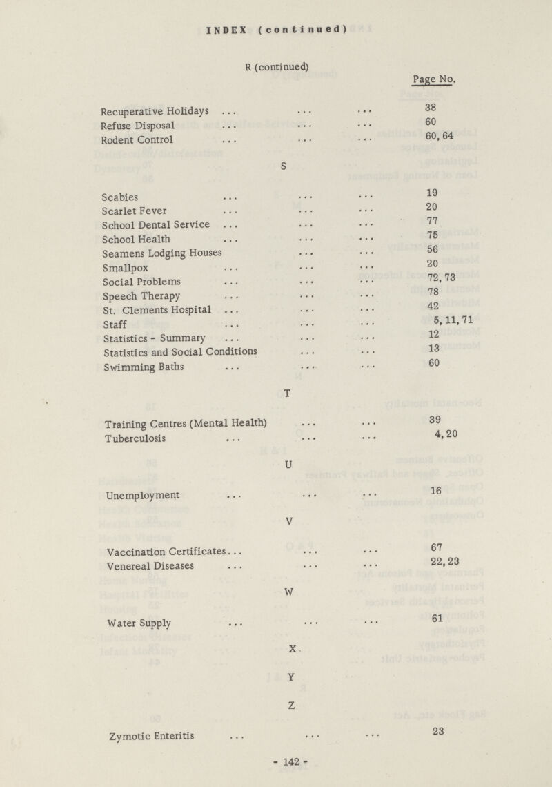 INDEX (continued) R (continued) Page No. Recuperative Holidays 38 Refuse Disposal 60 Rodent Control 60,64 S Scabies 19 Scarlet Fever 20 School Dental Service 77 School Health 75 Seamens Lodging Houses 56 Smallpox 20 Social Problems 72,73 Speech Therapy 78 St. Clements Hospital 42 Staff 5,11,71 Statistics - Summary 12 Statistics and Social Conditions 13 Swimming Baths 60 T Training Centres (Mental Health) 39 Tuberculosis 4,20 U Unemployment 16 V Vaccination Certificates 67 Venereal Diseases 22,23 W Water Supply 61 X Y Z Zymotic Enteritis 23 142