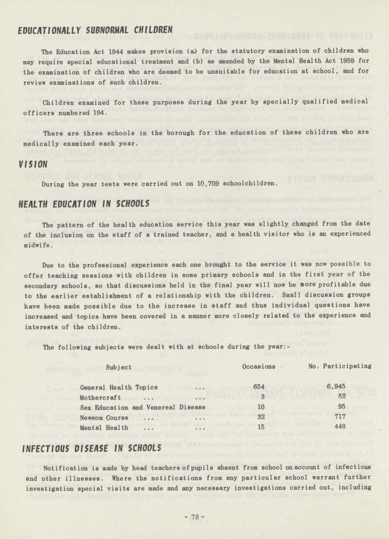 EDUCATIONALLY SUBNORMAL CHILDREN The Education Act 1944 makes provision (a) for the statutory examination of children who may require special educational treatment and (b) as amended by the Mental Health Act 1959 for the examination of children who are deemed to be unsuitable for education at school, and for review examinations of such children. Children examined for these purposes during the year by specially qualified medical officers numbered 194. There are three schools in the borough for the education of these children who are medically examined each year. VISION During the year tests were carried out on 10,709 schoolchildren. HEALTH EDUCATION IN SCHOOLS The pattern of the health education service this year was slightly changed from the date of the inclusion on the staff of a trained teacher, and a health visitor who is an experienced midwife. Due to the professional experience each one brought to the service it was now possible to offer teaching sessions with children in some primary schools and in the first year of the secondary schools, so that discussions held in the final year will now be more profitable due to the earlier establishment of a relationship with the children. Small discussion groups have been made possible due to the increase in staff and thus individual questions have increased and topics have been covered in a manner more closely related to the experience and interests of the children. The following subjects were dealt with at schools during the year:- Subject Occasions No. Participating General Health Topics 654 6,945 Mothercraft 3 52 Sex Education and Venereal Disease 10 95 Newsom Course 32 717 Mental Health 15 448 INFECTIOUS DISEASE IN SCHOOLS Notification is made by head teachers of pupils absent from school on account of infectious and other illnesses. Where the notifications from any particular school warrant further investigation special visits are made and any necessary investigations carried out, including 78