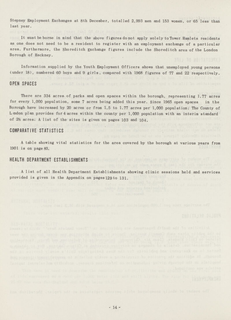 Stepney Employment Exchanges at 8th December, totalled 2,993 men and 153 women, or 65 less than last year. It must be borne in mind that the above figures do not apply solely to Tower Hamlets residents as one does not need to be a resident to register with an employment exchange of a particular area. Furthermore, the Shoreditch Exchange figures include the Shoreditch area of the London Borough of Hackney. Information supplied by the Youth Employment Officers shows that unemployed young persons (under 18), numbered 60 boys and 9 girls, compared with 1968 figures of 77 and 22 respectively. OPEN SPACES There are 334 acres of parks and open spaces within the borough, representing 1.77 acres for every 1,000 population, some 7 acres being added this year. Since 1965 open spaces in the Borough have increased by 20 acres or from 1.5 to 1.77 acres per 1,000 population. The County of Lcndon plan provides for 4 acres within the county per 1,000 population with an interim standard of 2Vi acres. A list of the sites is given on pages 103 and 104. COMPARATIVE STATISTICS A table showing vital statistics for the area covered by the borough at various years from 1901 is on page 83. HEALTH DEPARTMENT ESTABLISHMENTS A list of all Health Department Establishments showing clinic sessions held and services provided is given in the Appendix on pages 129 to 131. - 14 -