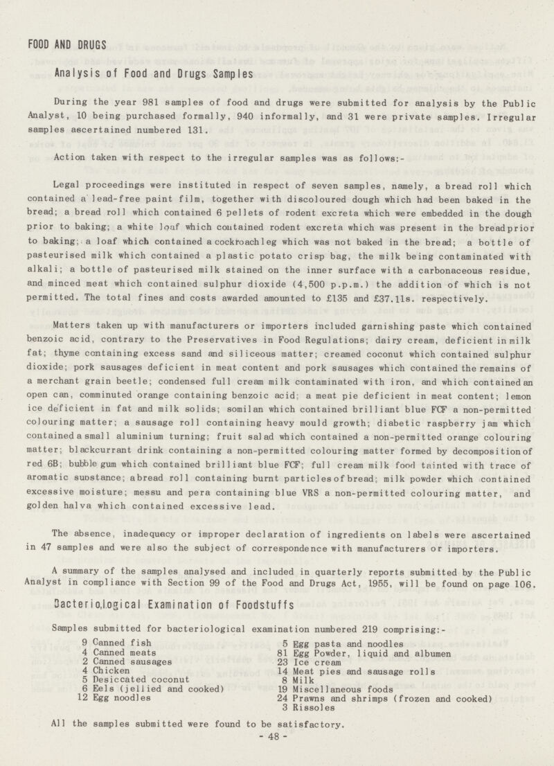 FOOD AND DRUGS Analysis of Food and Drugs Samples During the year 981 samples of food and drugs were submitted for analysis by the Public Analyst, 10 being purchased formally, 940 informally, and 31 were private samples. Irregular samples ascertained numbered 131. Action taken with respect to the irregular samples was as follows:- Legal proceedings were instituted in respect of seven samples, namely, a bread roll which contained a lead-free paint film, together with discoloured dough which had been baked in the bread; a bread roll which contained 6 pellets of rodent excreta which were embedded in the dough prior to baking; a white loaf which contained rodent excreta which was present in the breadprior to baking; a loaf which contained a cockroach leg which was not baked in the bread; a bottle of pasteurised milk which contained a plastic potato crisp bag, the milk being contaminated with alkali; a bottle of pasteurised milk stained on the inner surface with a carbonaceous residue, and minced meat which contained sulphur dioxide (4,500 p.p.m.) the addition of which is not permitted. The total fines and costs awarded amounted to £135 and £37.lis. respectively. Matters taken up with manufacturers or importers included garnishing paste which contained benzoic acid, contrary to the Preservatives in Food Regulations; dairy cream, deficient in milk fat; thyme containing excess sand and siliceous matter; creamed coconut which contained sulphur dioxide; pork sausages deficient in meat content and pork sausages which contained the remains of a merchant grain beetle; condensed full cream milk contaminated with iron, and which contained an open can, comminuted orange containing benzoic acid; a meat pie deficient in meat content; lemon ice deficient in fat and milk solids; somilan which contained brilliant blue FCF a non-permitted colouring matter; a sausage roll containing heavy mould growth; diabetic raspberry jam which contained a smal1 aluminium turning; fruit salad which contained a non-permitted orange colouring matter; blackcurrant drink containing a non-permitted colouring matter formed by decomposition of red 6B; bubble gum which contained brilliant blue FCF; full cream milk food tainted with trace of aromatic suostance; abread roll containing burnt particl es of bread; milk powder which contained excessive moisture; messu and pera containing blue VRS a non-permitted colouring matter, and golden halva which contained excessive lead. The absence, inadequacy or improper declaration of ingredients on labels were ascertained in 47 samples and were also the subject of correspondence with manufacturers or importers. A summary of the samples analysed and included in quarterly reports submitted by the Public Analyst in compliance with Section 99 of the Food and Drugs Act, 1955, will be found on page 106. Dacterio,logical Examination of Foodstuffs Samples submitted for bacteriological examination numbered 219 comprising:- 9 Canned fish 5 Egg pasta and noodles 4 Canned meats 81 Egg Powder, liquid and albumen 2 Canned sausages 23 Ice cream 4 Chicken 14 Meat pies and sausage rolls 5 Desiccated coconut 8 Milk 6 Eels (jellied and cooked) 19 Miscellaneous foods 12 Egg noodles 24 Prawns and shrimps (frozen and cooked) 3 Rissoles All the samples submitted were found to be satisfactory. - 48 -