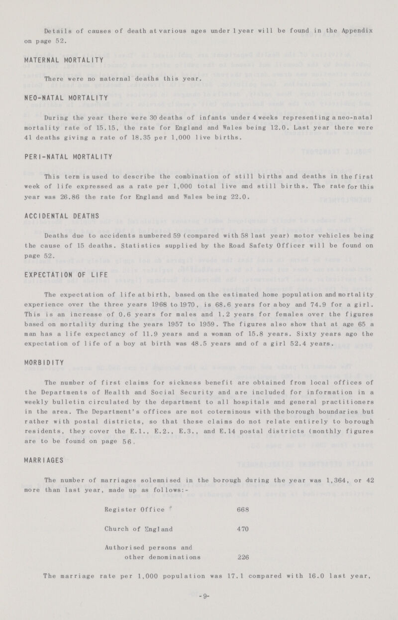 Details of causes of death at various ages under 1 year will be found in the Appendix on page 52. MATERNAL MORTALITY There were no maternal deaths this year. NEO-NATAL MORTALITY During the year there were 30 deaths of infants under 4 weeks representing aneo-natal mortality rate of 15.15, the rate for England and Wales being 12.0. Last year there were 41 deaths giving a rate of 18.35 per 1,000 live births. PERI-NATAL MORTALITY This term is used to describe the combination of still births and deaths in the first week of life expressed as a rate per 1,000 total live and still births. The rate for this year was 26.86 the rate for England and Wales being 22.0. ACCIDENTAL DEATHS Deaths due to accidents numbered 59 (compared with 58 last year) motor vehicles being the cause of 15 deaths. Statistics supplied by the Road Safety Officer will be found on page 52. EXPECTATION OF LIFE The expectation of life at birth, based on the estimated home population and mortality experience over the three years 1968 to 1970, is 68.6 years for a boy and 74.9 for a girl. This is an increase of 0.6 years for males and 1.2 years for females over the figures based on mortality during the years 1957 to 1959. The figures also show that at age 65 a man has a life expectancy of 11.9 years and a woman of 15.8 years. Sixty years ago the expectation of life of a boy at birth was 48.5 years and of a girl 52.4 years. MORBIDITY The number of first claims for sickness benefit are obtained from local offices of the Departments of Health and Social Security and are included for information in a weekly bulletin circulated by the department to all hospitals and general practitioners in the area. The Department's offices are not coterminous with the borough boundaries but rather with postal districts, so that these claims do not relate entirely to borough residents, they cover the E.1., E.2., E.3., and E. 14 postal districts (monthly figures are to be found on page 56. MARRI AGES The number of marriages solemnised in the borough during the year was 1,364, or 42 more than last year, made up as follows:- Register Office 668 Church of Sngland 470 Authorised persons and other denominations 226 The marriage rate per 1,000 population was 17.1 compared with 16.0 last year, -9-