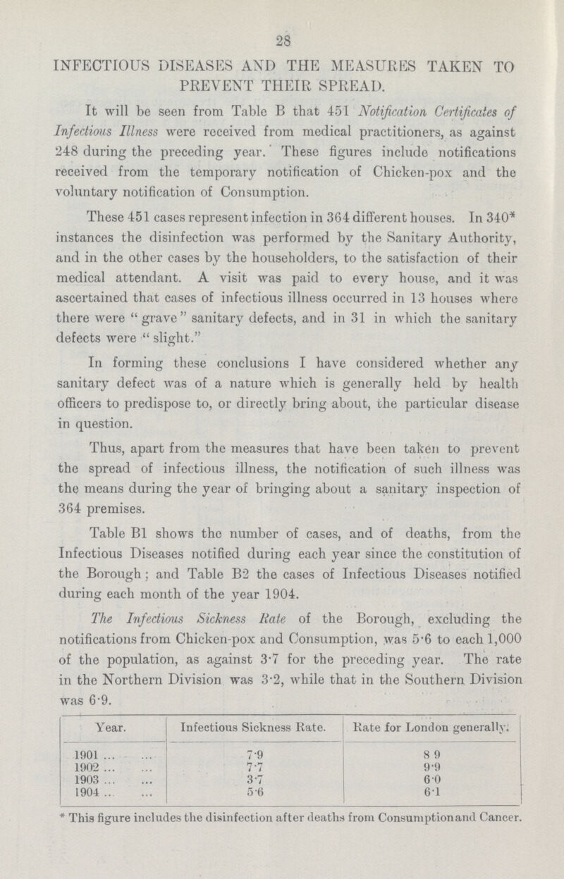 28 INFECTIOUS DISEASES AND THE MEASURES TAKEN TO PREVENT THEIR SPREAD. It will be seen from Table B that 451 Notification Certificates of Infectious Illness were received from medical practitioners, as against 248 during the preceding year.' These figures include notifications received from the temporary notification of Chicken-pox and the voluntary notification of Consumption. These 451 cases represent infection in 364 different houses. In 340* instances the disinfection was performed by the Sanitary Authority, and in the other cases by the householders, to the satisfaction of their medical attendant. A visit was paid to every house, and it was ascertained that cases of infectious illness occurred in 13 houses where there were grave sanitary defects, and in 31 in which the sanitary defects were slight. In forming these conclusions I have considered whether any sanitary defect was of a nature which is generally held by health officers to predispose to, or directly bring about, the particular disease in question. Thus, apart from the measures that have been taken to prevent the spread of infectious illness, the notification of such illness was the means during the year of bringing about a sanitary inspection of 364 premises. Table B1 shows the number of cases, and of deaths, from the Infectious Diseases notified during each year since the constitution of the Borough; and Table B2 the cases of Infectious Diseases notified during each month of the year 1904. The Infectious Sickness Rate of the Borough, excluding the notifications from Chicken-pox and Consumption, was 5.6 to each 1,000 of the population, as against 3.7 for the preceding year. The rate in the Northern Division was 3.2, while that in the Southern Division was 6.9. Year. Infectious Sickness Rate. Rate for London generally. 1901 7.9 8.9 1902 7.7 9.9 1903 3.7 6.0 1904 5.6 6.1 This figure includes the disinfection after deaths from Consumptionand Cancer.