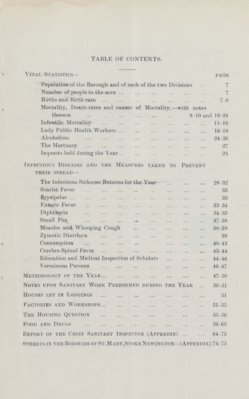 TABLE OF CONTENTS. Vital Statistics— page Population of Llie Borough and of each of the two Divisions 7 Number of people to the acre 7 Births and Birth-rate 7-8 Mortality, Death-rates anil causes of Mortality,—with notes thereon 8-10 and 19-24 Infantile Mortality 11-16 Lady Public Health Workers 16-18 Alcoholism 24-26 The Mortuary 27 Inquests held during the Year 23 Infectious Diseases and the Measures taken to Prevent their spread— The Infectious Sickness Returns for the Year 28-32 Scarlet Fever 33 Erysipelas 33 Enteric Fever 33-34 Diphtheria 34-35 Small Pox 37-38 Measles and Whooping Cough 38-39 Zymotic Diarrhoea 39 Consumption 40-43 Cerebro-Spinal Fever 43-44 Education and Medical Inspection of Scholars 44-46 Verminous Persons 46-47 Meteorology of the Year 47 50 Notes upon Sanitary Work Performed during the Year 50-51 Houses let in Lodgings 51 Factories and Workshops 51-55 The Housing Question 55-56 Food and Drugs 56-63 Report of the Chief Sanitary Inspector (Appendix) 64-73 Streets in the Borough of St.Mary, Stoke Newington—(Appendix) 74-75