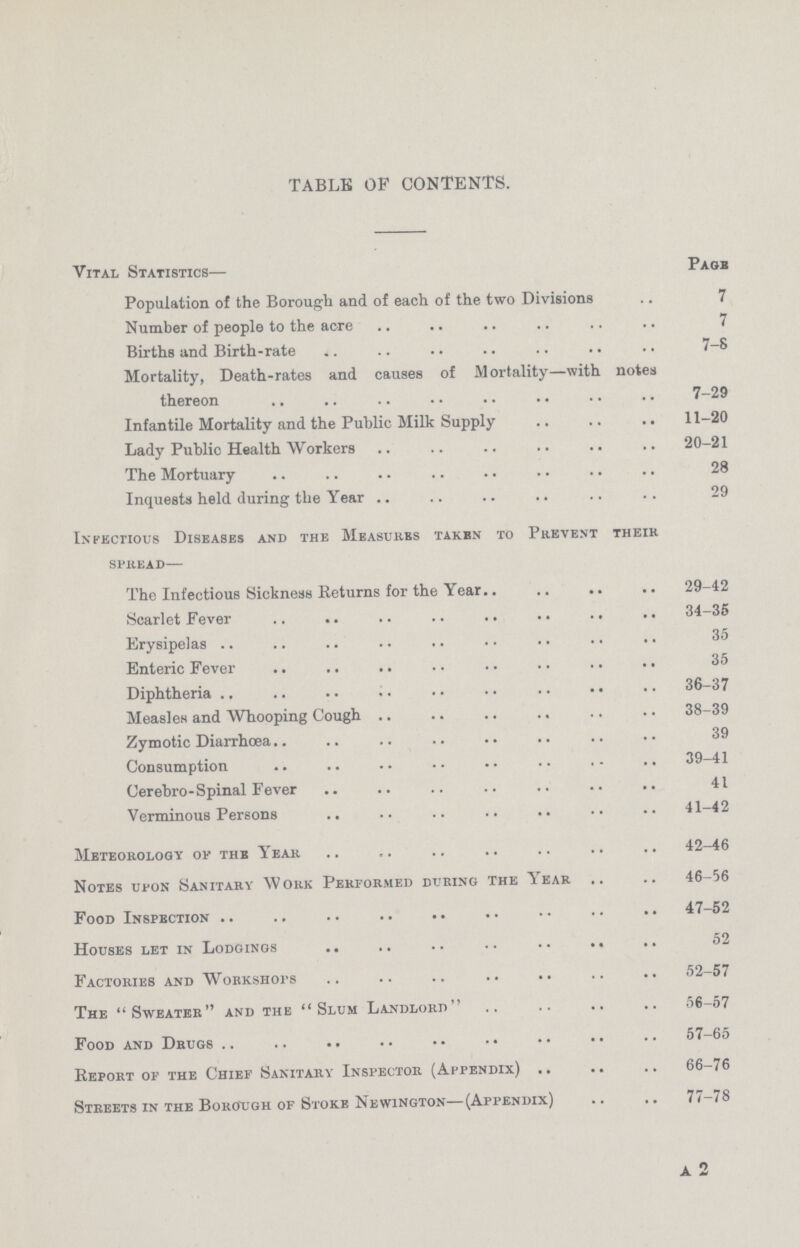 TABLE OF CONTENTS. Vital Statistics— Page Population of the Borough and of each of the two Divisions 7 Number of people to the acre 7 Births and Birth-rate 7-8 Mortality, Death-rates and causes of Mortality—with notes thereon 7-29 Infantile Mortality and the Public Milk Supply 11-20 Lady Public Health Workers 20-21 The Mortuary 28 Inquests held during the Year 29 Infectious Diseases and the Measures taken to Prevent their spread— The Infectious Sickness Returns for the Year 29-42 Scarlet Fever 34-36 Erysipelas 35 Enteric Fever 35 Diphtheria 36—37 MeasleH and Whooping Cough 38-39 Zymotic Diarrhoea, 39 Consumption 39-41 Cerebro-Spinal Fever 41 Verminous Persons 41-42 Meteorology or the Year 42-46 Notes upon Sanitary Work Performed during the Year 46-56 Food Inspection 47-52 Houses let in Lodgings 52 Factories and Workshops 52-57 The Sweater and the Slum Landlord 56-57 Food and Drugs 57-65 Report of the Chief Sanitary Inspector (Appendix) 66-76 Streets in the Borough of Stoke Newington—(Appendix) 77-78 A 2