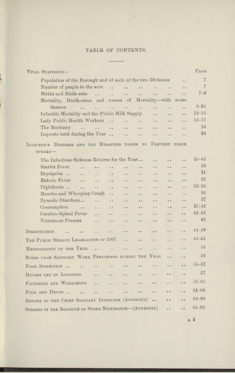 TABLE OF CONTENTS. Vital Statistics— Page Population of the Borough and of each of the two Divisions .7 Number of people to the acre 7 Births and Birth-rate 7-8 Mortality, Death-rates and causes of Mortality—with notes thereon 8-25 Infantile Mortality and the Public Milk Supply 12-15 Lady Public Health Workers 15-17 The Mortuary 24 Inquests held during the Year 25 Infectious Diseases and the Measures taken to Prevent their spread— The Infectious Sickness Returns for the Year. 25-43 Scarlet Fever 30 Erysipelas 31 Enteric Fever 31 Diphtheria 32-35 Measles and Whooping Cough 36 Zymotic Diarrhoea. 37 Consumption 37-42 Cerebro-Spinal Fever 42-43 Verminous Persons 43 Disinfection 43-49 The Public Health Legislation of 1907 49-53 Meteorology of the Year 54 Notes upon Sanitary Work Performed during the Year 54 Food Inspection 55-57 Houses let in Lodgings 57 Factories and Workshops 57-61 Food and Drugs 61-68 Report of the Chief Sanitary Inspector (Appendix) 69-80 Streets in the Borough of Stoke Newington—(Appendix) 81-82 A 2