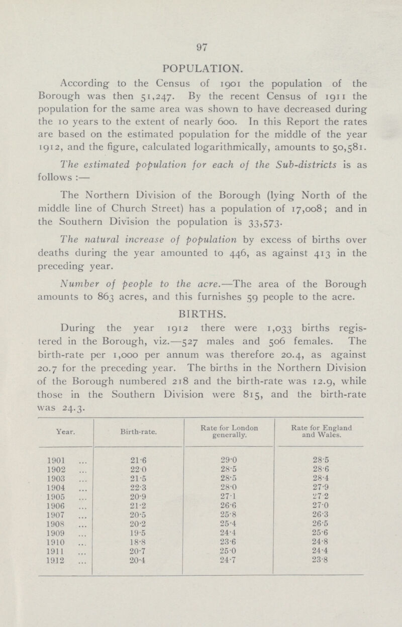 97 POPULATION. According to the Census of 1901 the population of the Borough was then 51,247. By the recent Census of 1911 the population for the same area was shown to have decreased during the 10 years to the extent of nearly 600. In this Report the rates are based on the estimated population for the middle of the year 1912, and the figure, calculated logarithmically, amounts to 50,581. The estimated population for each of the Sub-districts is as follows:— The Northern Division of the Borough (lying North of the middle line of Church Street) has a population of 17,008; and in the Southern Division the population is 33.573. The natural increase of population by excess of births over deaths during the year amounted to 446, as against 413 in the preceding year. Number of people to the acre.—The area of the Borough amounts to 863 acres, and this furnishes 59 people to the acre. BIRTHS. During the year 1912 there were 1,033 births regis tered in the Borough, viz.—527 males and 506 females. The birth-rate per 1,000 per annum was therefore 20.4, as against 20.7 for the preceding year. The births in the Northern Division of the Borough numbered 218 and the birth-rate was 12.9, while those in the Southern Division were 815, and the birth-rate was 24.3. Year. Birth-rate. Rate for London generally. Rate for England and Wales. 1901 21.6 29.0 28.5 1902 22.0 28.5 28.6 1903 21.5 28.5 28.4 1904 22.3 28.0 27.9 1905 20.9 27.1 27.2 1906 21.2 26.6 27.0 1907 20.5 25.8 26.3 1908 20.2 25.4 26.5 1909 19.5 24.4 25.6 1910 18.8 23.6 24.8 1911 20.7 25.0 24.4 1912 20.4 24.7 23.8