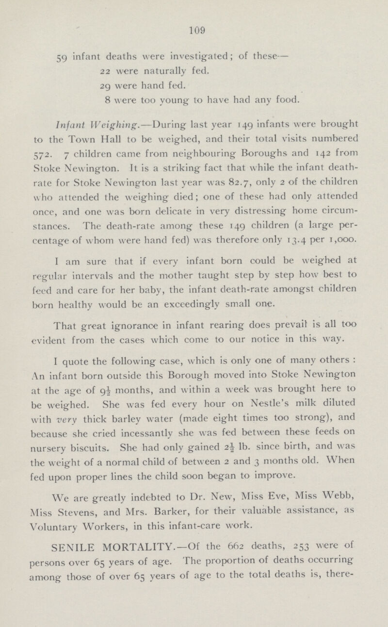 109 59 infant deaths were investigated ; of these— 22 were naturally fed. 29 were hand fed. 8 were too young to have had any food. Infant Weighing.—During last year 149 infants were brought to the Town Hall to be weighed, and their total visits numbered 572. 7 children came from neighbouring Boroughs and 142 from Stoke Newington. It is a striking fact that while the infant death rate for Stoke Newington last year was 82.7, only 2 of the children who attended the weighing died; one of these had only attended once, and one was born delicate in very distressing home circum stances. The death-rate among these 149 children (a large per centage of whom were hand fed) was therefore only 13.4 per 1,000. I am sure that if every infant born could be weighed at regular intervals and the mother taught step by step how best to feed and care for her baby, the infant death-rate amongst children born healthy would be an exceedingly small one. That great ignorance in infant rearing does prevail is all too evident from the cases which come to our notice in this way. I quote the following case, which is only one of many others : An infant born outside this Borough moved into Stoke Newington at the age of 9½ months, and within a week was brought here to be weighed. She was fed every hour on Nestle's milk diluted with very thick barley water (made eight times too strong), and because she cried incessantly she was fed between these feeds on nursery biscuits. She had only gained 2½ lb. since birth, and was the weight of a normal child of between 2 and 3 months old. When fed upon proper lines the child soon began to improve. We are greatly indebted to Dr. New, Miss Eve, Miss Webb, Miss Stevens, and Mrs. Barker, for their valuable assistance, as Voluntary Workers, in this infant-care work. SENILE MORTALITY.—Of the 662 deaths, 253 were of persons over 65 years of age. The proportion of deaths occurring among those of over 65 years of age to the total deaths is, there¬