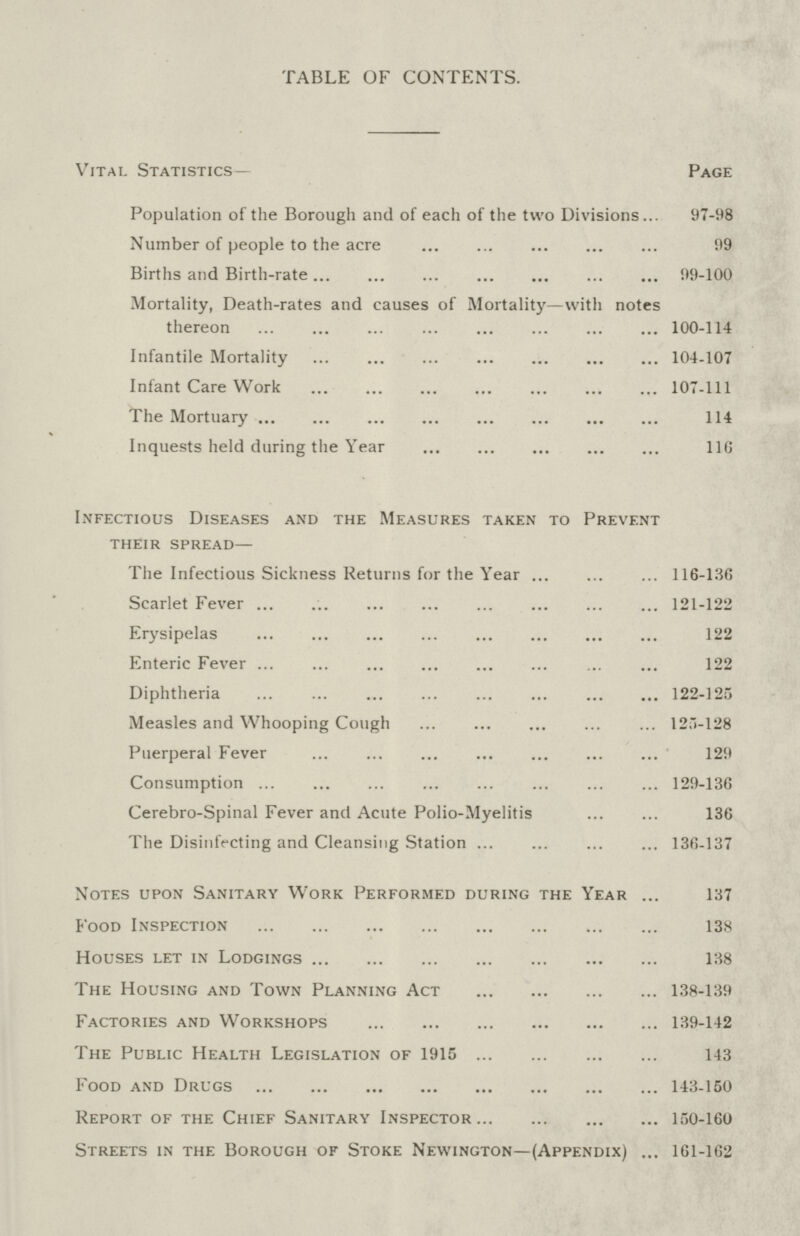 TABLE OF CONTENTS. Vital Statistics— Page Population of the Borough and of each of the two Divisions 97.98 Number of people to the acre 99 Births and Birth.rate 99.100 Mortality, Death.rates and causes of Mortality—with notes thereon 100.114 Infantile Mortality 104.107 Infant Care Work 107.111 The Mortuary 114 Inquests held during the Year 116 Infectious Diseases and the Measures taken to Prevent their spread— The Infectious Sickness Returns for the Year 116.136 Scarlet Fever 121.122 Erysipelas 122 Enteric Fever 122 Diphtheria 122.125 Measles and Whooping Cough 125.128 Puerperal Fever 129 Consumption 129.136 Cerebro.Spinal Fever and Acute Polio.Myelitis 136 The Disinfecting and Cleansing Station 136.137 Notes upon Sanitary Work Performed during the Year 137 Food Inspection 138 Houses let in Lodgings 138 The Housing and Town Planning Act 138.139 Factories and Workshops 139.142 The Public Health Legislation of 1915 143 Food and Drugs 143.150 Report of the Chief Sanitary Inspector 150.160 Streets in the Borough of Stoke Newington—(Appendix) 161.162