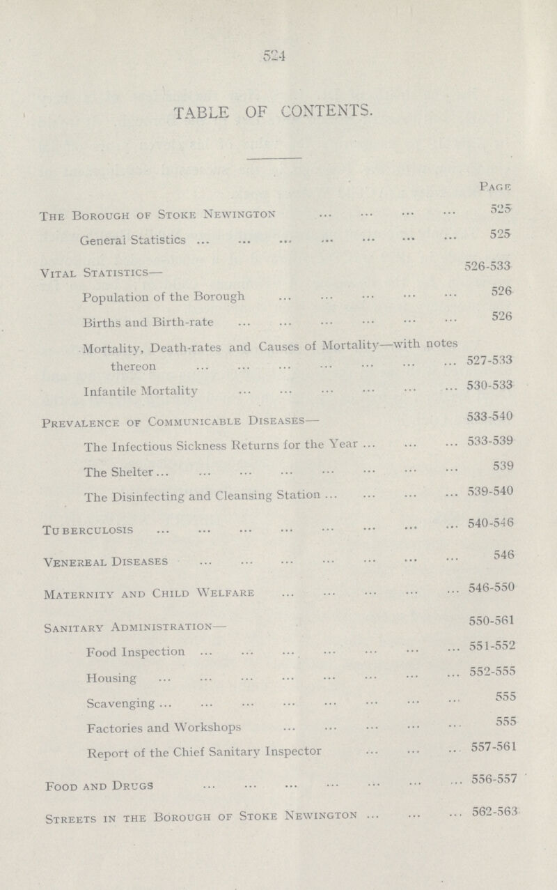 524 TABLE OF CONTENTS. Page The Borough of Stoke Newington 525 General Statistics 525 Vital Statistics— 526-533 Population of the Borough 526 Births and Birth-rate 526 Mortality, Death-rates and Causes of Mortality—with notes thereon 527-533 Infantile Mortality 530-533 Prevalence of Communicable Diseases— 533-540 The Infectious Sickness Returns for the Year 533-539 The Shelter 539 The Disinfecting and Cleansing Station 539-540 Tuberculosis 540-546 Venereal Diseases 546 Maternity and Child Welfare 546-550 Sanitary Administration— 550-561 Food Inspection 551-552 Housing 552-555 Scavenging 555 Factories and Workshops 555 Report of the Chief Sanitary Inspector 557-561 Food and Drugs 556-557 Streets in the Borough of Stoke Newington 562-563