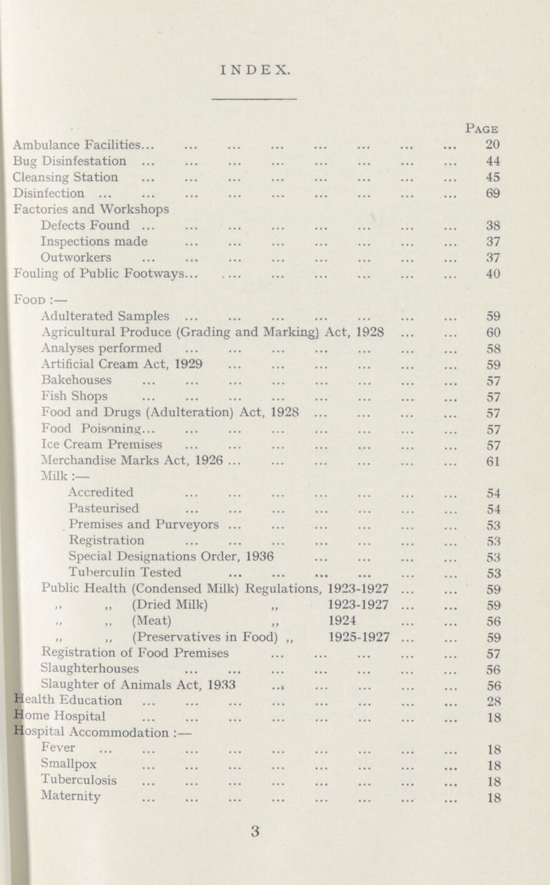 INDEX. Page Ambulance Facilities 20 Bug Disinfestation 44 Cleansing Station 45 Disinfection 69 Factories and Workshops Defects Found 38 Inspections made 37 Outworkers 37 Fouling of Public Footways 40 Food:— Adulterated Samples 59 Agricultural Produce (Grading and Marking) Act, 1928 60 Analyses performed 58 Artificial Cream Act, 1929 59 Bakehouses 57 Fish Shops 57 Food and Drugs (Adulteration) Act, 1928 57 Food Poisoning 57 Ice Cream Premises 57 Merchandise Marks Act, 1926 61 Milk:. Accredited 54 Pasteurised 54 Premises and Purveyors 53 Registration 53 Special Designations Order, 1936 53 Tuberculin Tested 53 Public Health (Condensed Milk) Regulations, 1923.1927 59 „ (Dried Milk) „ 1923.1927 59 „ (Meat) „ 1924 56 „ „ (Preservatives in Food) „ 1925.1927 59 Registration of Food Premises 57 Slaughterhouses 56 Slaughter of Animals Act, 1933 56 Health Education 28 Home Hospital 18 Hospital Accommodation:— Fever 18 Smallpox 18 Tuberculosis 18 i Maternity 18 3