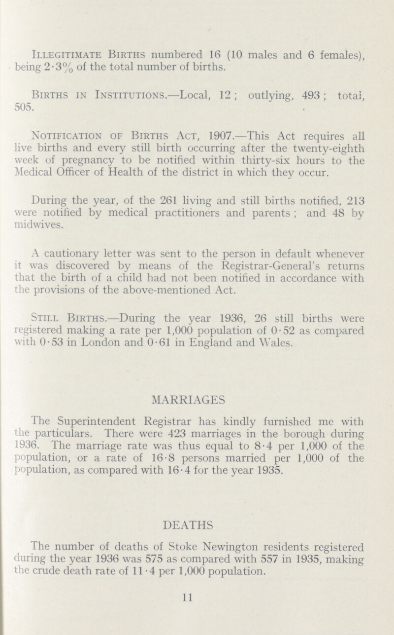 Illegitimate Births numbered 16 (10 males and 6 females), being 2.3% of the total number of births. Births in Institutions.—Local, 12 ; outlying, 493; total, 505. Notification of Births Act, 1907.—This Act requires all live births and every still birth occurring after the twenty.eighth week of pregnancy to be notified within thirty.six hours to the Medical Officer of Health of the district in which they occur. During the year, of the 261 living and still births notified, 213 were notified by medical practitioners and parents ; and 48 by midwives. A cautionary letter was sent to the person in default whenever it was discovered by means of the Registrar.General's returns that the birth of a child had not been notified in accordance with the provisions of the above.mentioned Act. Still Births.—During the year 1936, 26 still births were registered making a rate per 1,000 population of 0.52 as compared with 0.53 in London and 0.61 in England and Wales. MARRIAGES The Superintendent Registrar has kindly furnished me with the particulars. There were 423 marriages in the borough during 1936. The marriage rate was thus equal to 8.4 per 1,000 of the population, or a rate of 16.8 persons married per 1,000 of the population, as compared with 16.4 for the year 1935. DEATHS The number of deaths of Stoke Newington residents registered during the year 1936 was 575 as compared with 557 in 1935, making the crude death rate of 11.4 per 1,000 population. 11