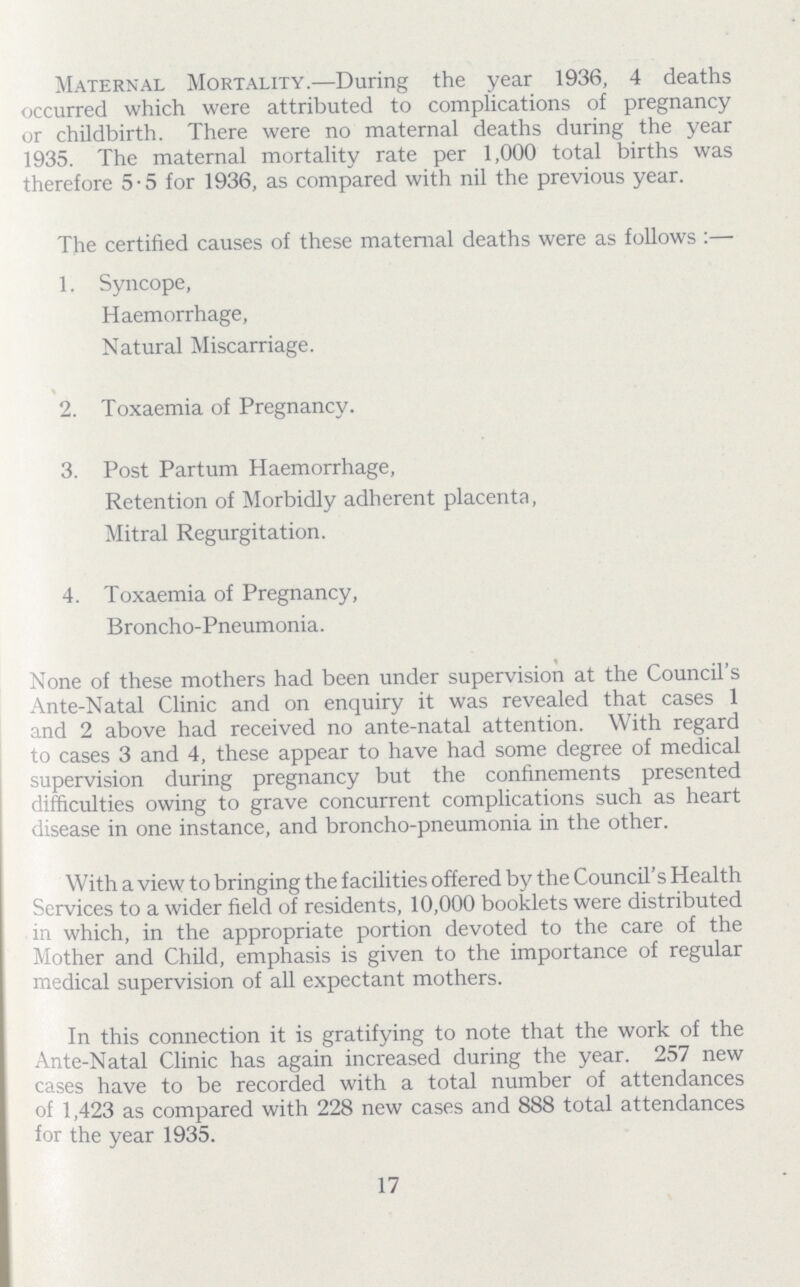 Maternal Mortality.—During the year 1936, 4 deaths occurred which were attributed to complications of pregnancy or childbirth. There were no maternal deaths during the year 1935. The maternal mortality rate per 1,000 total births was therefore 5.5 for 1936, as compared with nil the previous year. The certified causes of these maternal deaths were as follows :— 1. Syncope, Haemorrhage, Natural Miscarriage. 2. Toxaemia of Pregnancy. 3. Post Partum Haemorrhage, Retention of Morbidly adherent placenta, Mitral Regurgitation. 4. Toxaemia of Pregnancy, Broncho.Pneumonia. None of these mothers had been under supervision at the Council's Ante.Natal Clinic and on enquiry it was revealed that cases 1 and 2 above had received no ante.natal attention. With regard to cases 3 and 4, these appear to have had some degree of medical supervision during pregnancy but the confinements presented difficulties owing to grave concurrent complications such as heart disease in one instance, and broncho.pneumonia in the other. With a view to bringing the facilities offered by the Council's Health Services to a wider field of residents, 10,000 booklets were distributed in which, in the appropriate portion devoted to the care of the Mother and Child, emphasis is given to the importance of regular medical supervision of all expectant mothers. In this connection it is gratifying to note that the work of the Ante.Natal Clinic has again increased during the year. 257 new cases have to be recorded with a total number of attendances of 1,423 as compared with 228 new cases and 888 total attendances for the year 1935. 17